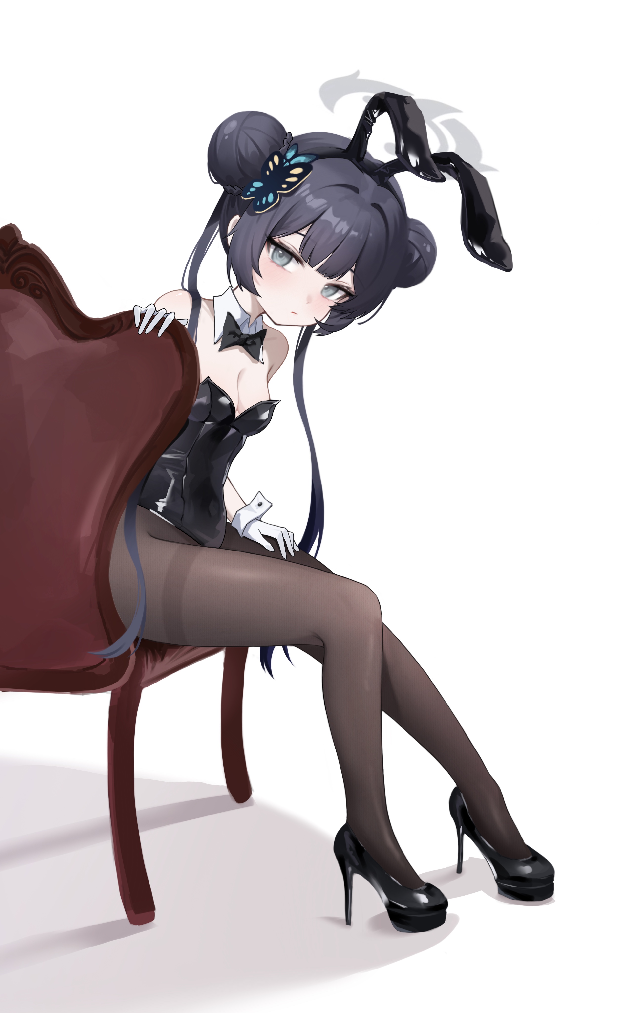 xiaoxiaoyifan, kisaki (blue archive), blue archive, absurdres, commentary, highres, making-of available, photo-referenced, procreate (medium), 1girl, alternate costume, animal ear hairband, animal ears, bare shoulders, black bow, black bowtie, black hair, black hairband, black leotard, black shoes, blush, bow, bowtie, breasts, brown pantyhose, butterfly hair ornament, chair, cleavage, closed mouth, collarbone, detached collar, double-parted bangs, double bun, fake animal ears, full body, gloves, grey eyes, grey hair, hair bun, hair ornament, hairband, hand on own thigh, high heels, leaning forward, legs, leotard, long hair, looking at viewer, on chair, pantyhose, playboy bunny, rabbit ear hairband, rabbit ears, shadow, shoes, sidelocks, simple background, sitting, sitting sideways, small breasts, solo, strapless, strapless leotard, thighband pantyhose, traditional bowtie, twintails, very long hair, white background, white gloves, white wrist cuffs, wrist cuffs