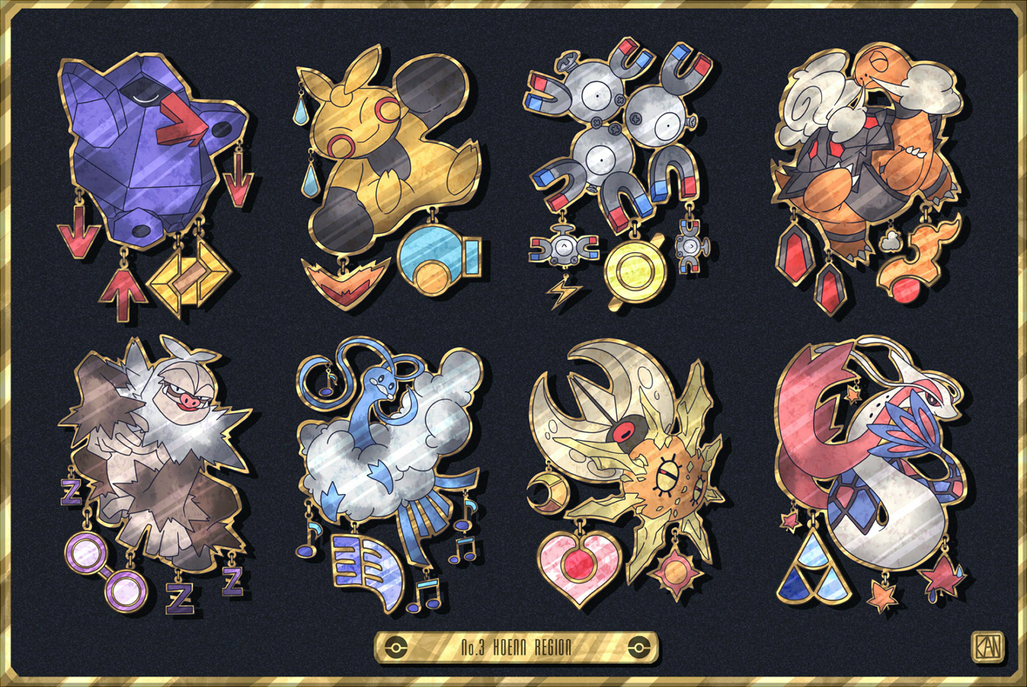 kanna (kan419 k), altaria, lunatone, magnemite, magneton, makuhita, milotic, nosepass, slaking, solrock, torkoal, nintendo, pokemon, pokemon rse, commentary request, arrow (symbol), badge, badge (pokemon), balance badge, black background, character charm, charm (object), crescent, dynamo badge, english text, feather badge, gen 1 pokemon, gen 3 pokemon, gold border, heat badge, knuckle badge, lightning bolt symbol, mind badge, musical note, poke ball symbol, pokemon (creature), rain badge, star (symbol), stone badge, sun symbol