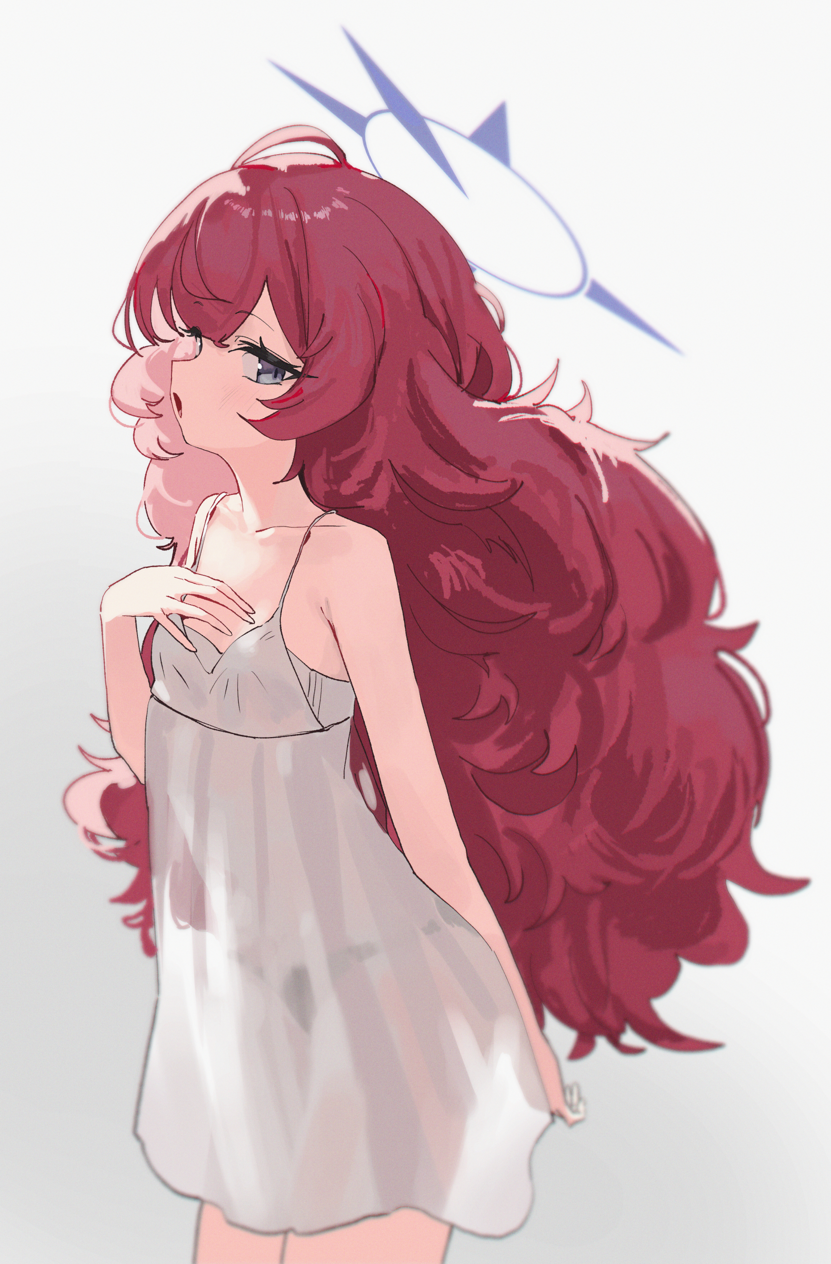 dan nako, iroha (blue archive), blue archive, fluffy hair, absurdres, commentary request, highres, 1girl, alternate costume, arm behind back, bare arms, bare shoulders, blue eyes, blue halo, breasts, dress, from side, halo, looking at viewer, open mouth, panties visible through clothes, red hair, sleeveless, sleeveless dress, small breasts, solo, white dress