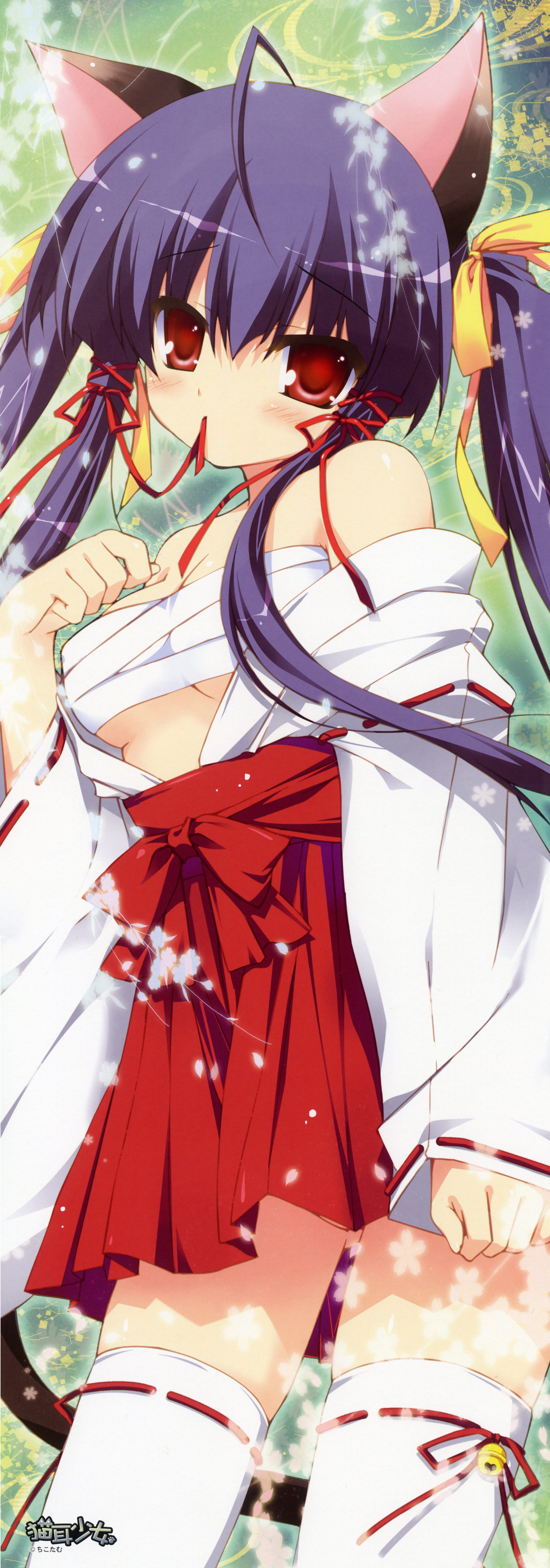 chikotam, absurdres, copyright request, highres, long image, tall image, 1girl, ahoge, animal ears, bare shoulders, bell, black hair, blue hair, bottomless, cat ears, cat tail, female focus, hair ribbon, hakama, hakama short skirt, hakama skirt, japanese clothes, miko, mouth hold, no panties, open clothes, partially visible vulva, pussy, red eyes, ribbon, sarashi, skirt, solo, stick poster, tail, thighhighs, twintails, white thighhighs