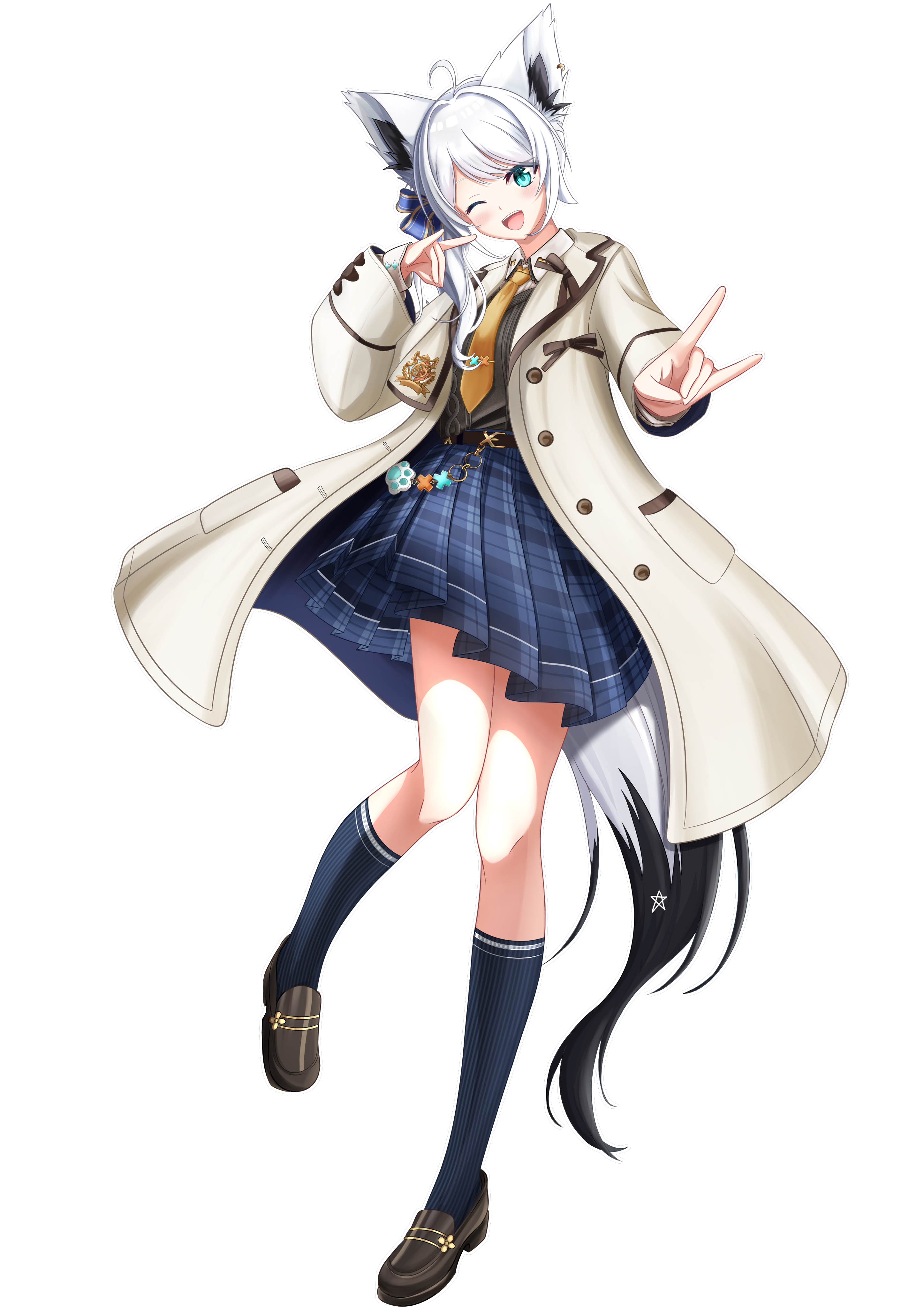 ayana haku, shirakami fubuki, hololive, absurdres, commentary request, highres, 1girl, ahoge, animal ear fluff, animal ears, black socks, blue eyes, blue scarf, blue skirt, brown shoes, coat, fox ears, fox girl, fox shadow puppet, fox tail, full body, hand up, kneehighs, loafers, long sleeves, looking at viewer, multicolored tail, one eye closed, open clothes, open coat, open mouth, ribbed socks, scarf, shoes, simple background, skirt, smile, socks, solo, standing, standing on one leg, tail, virtual youtuber, white background, white hair, winter clothes