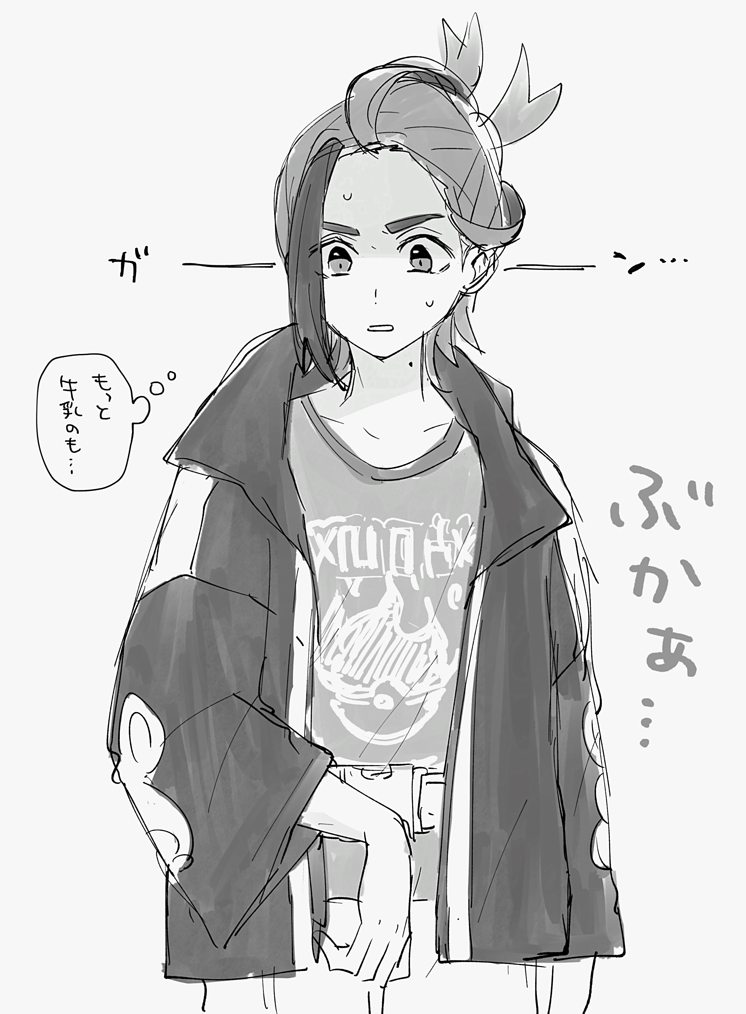 shinogo no, kieran (pokemon), nintendo, pokemon, pokemon sv, absurdres, commentary request, highres, translation request, 1boy, arm up, borrowed clothes, greyscale, jacket, looking at self, looking down, loose hair strand, male focus, mole, mole on neck, monochrome, multicolored hair, open clothes, open jacket, oversized clothes, partially shaded face, ponytail, solo, sweat, tank top, two-tone hair