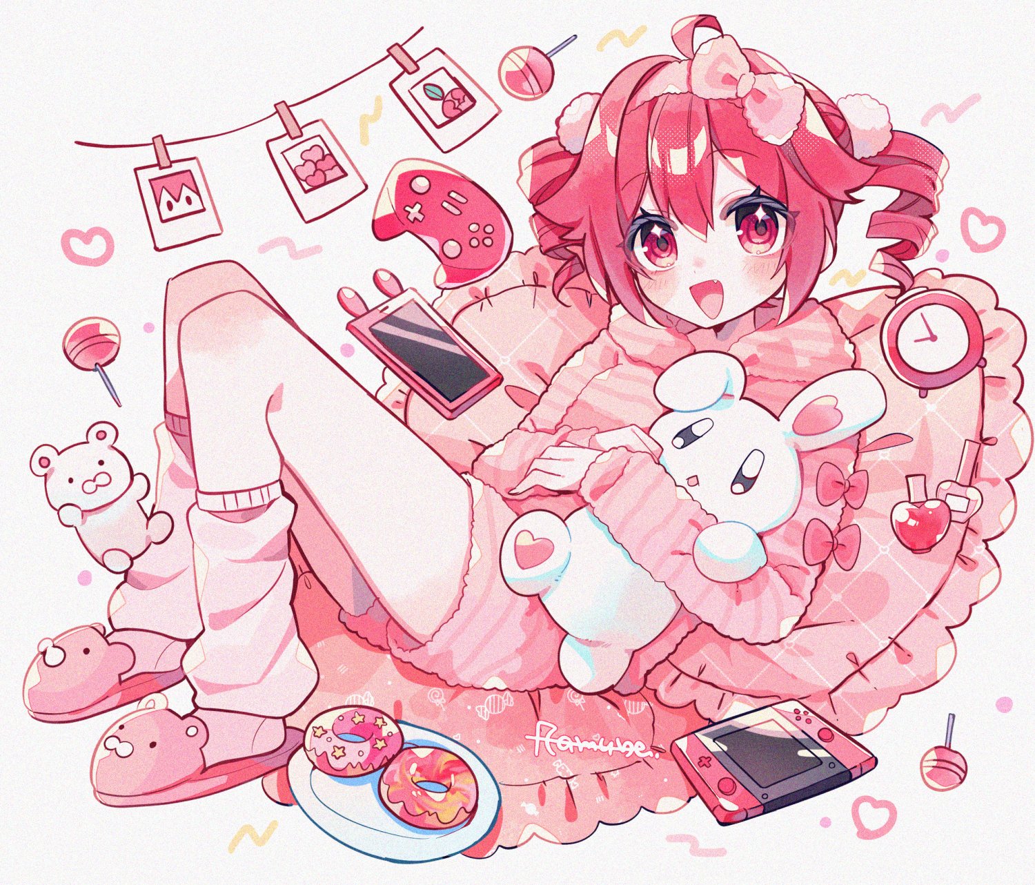 yuusuke-kun, kasane teto, utau, commentary, highres, symbol-only commentary, 1girl, :d, ahoge, animal slippers, bear slippers, blush, bow, candy, cellphone, double-parted bangs, drill hair, fang, food, full body, hair between eyes, hair bow, handheld game console, heart, holding, holding stuffed toy, hood, hood down, hoodie, lollipop, long sleeves, loose socks, open mouth, phone, pillow, pink hoodie, pink shorts, pink slippers, pink socks, red bow, red eyes, red hair, short hair, short shorts, shorts, sidelocks, signature, simple background, sitting, sleeve bow, slippers, smartphone, smile, socks, solo, striped clothes, striped hoodie, stuffed animal, stuffed rabbit, stuffed toy, twin drills, white background