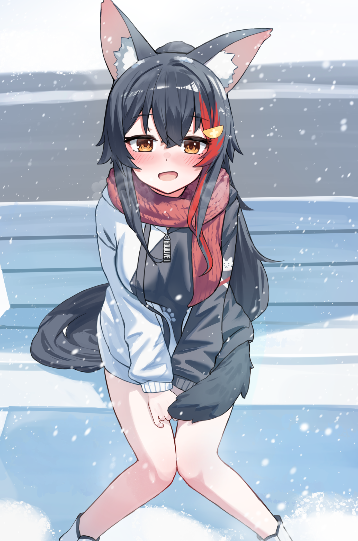 woogi (duguddnr), ookami mio, ookami mio (hoodie), hololive, commentary request, highres, 1girl, :d, animal ears, black hair, black hoodie, black tail, blush, double-parted bangs, hair between eyes, hair ornament, hairclip, hood, hoodie, knees together feet apart, long hair, looking at viewer, multicolored hair, no pants, official alternate costume, on bench, open mouth, outdoors, paw print, paw print pattern, ponytail, red hair, red scarf, scarf, sidelocks, sitting, smile, snowing, solo, streaked hair, tail, tail around own leg, two-tone hoodie, very long hair, virtual youtuber, white hoodie, wolf ears, wolf girl, wolf tail, yellow eyes