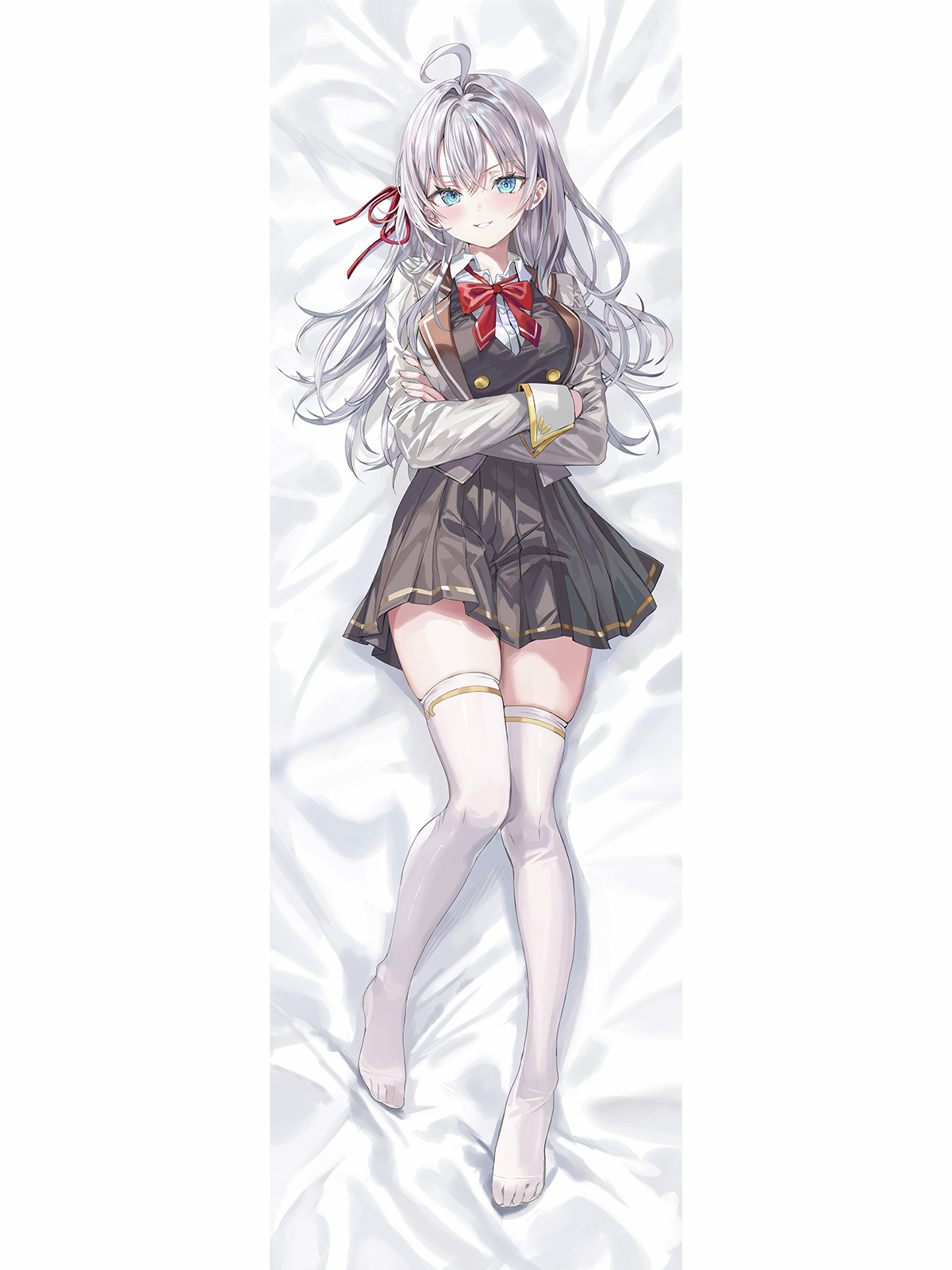 momoko (momopoco), alisa mikhailovna kujou, tokidoki bosotto roshia-go de dereru tonari no alya-san, commentary request, highres, official art, 1girl, ahoge, black skirt, blue eyes, border, bow, bowtie, collared shirt, crossed arms, dakimakura (medium), full body, grey hair, grey jacket, hair ribbon, jacket, long hair, long sleeves, looking at viewer, lying, no shoes, on back, parted lips, red bow, red bowtie, red ribbon, ribbon, school uniform, shirt, skirt, smile, solo, thighhighs, v-shaped eyebrows, white border, white thighhighs, zettai ryouiki