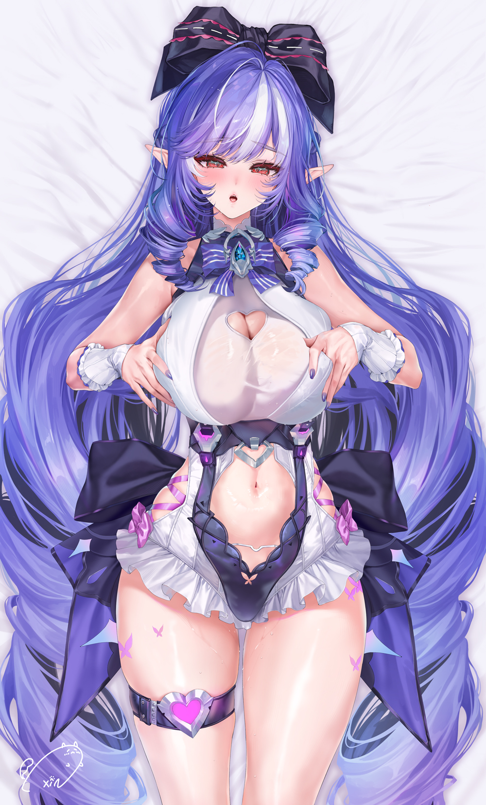 obiwan, weisuoxin, vivian banshee, vivian banshee (iris of the shore), zenless zone zero, commentary, highres, 1girl, breasts, brown eyes, dakimakura (medium), large breasts, long hair, looking at viewer, lying, multicolored hair, navel, official alternate costume, on back, one-piece swimsuit, pointy ears, purple hair, solo, streaked hair, swimsuit, thigh strap, thighs, very long hair, white hair