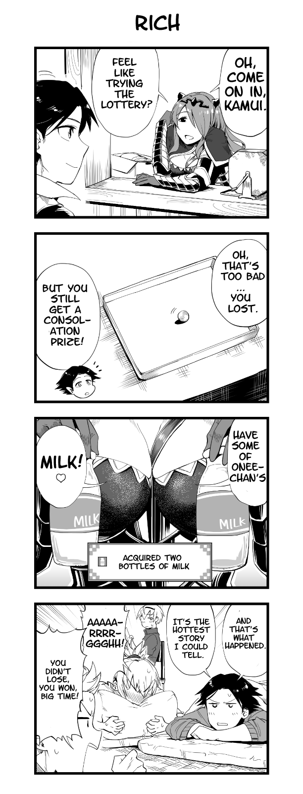 agohige x, camilla (fire emblem), leo (fire emblem fates), male corrin (fire emblem), silas (fire emblem), takumi (fire emblem), fire emblem, fire emblem fates, nintendo, 1girl, 4koma, between breasts, blush, bottle, breast focus, breasts, cleavage, comic, dragon boy, hair over one eye, hugging object, large breasts, leaning on table, milk, milk bottle, monochrome, nervous sweating, one eye covered, pillow, pillow hug, pointy ears, speech bubble, strap between breasts, sweat, tiara