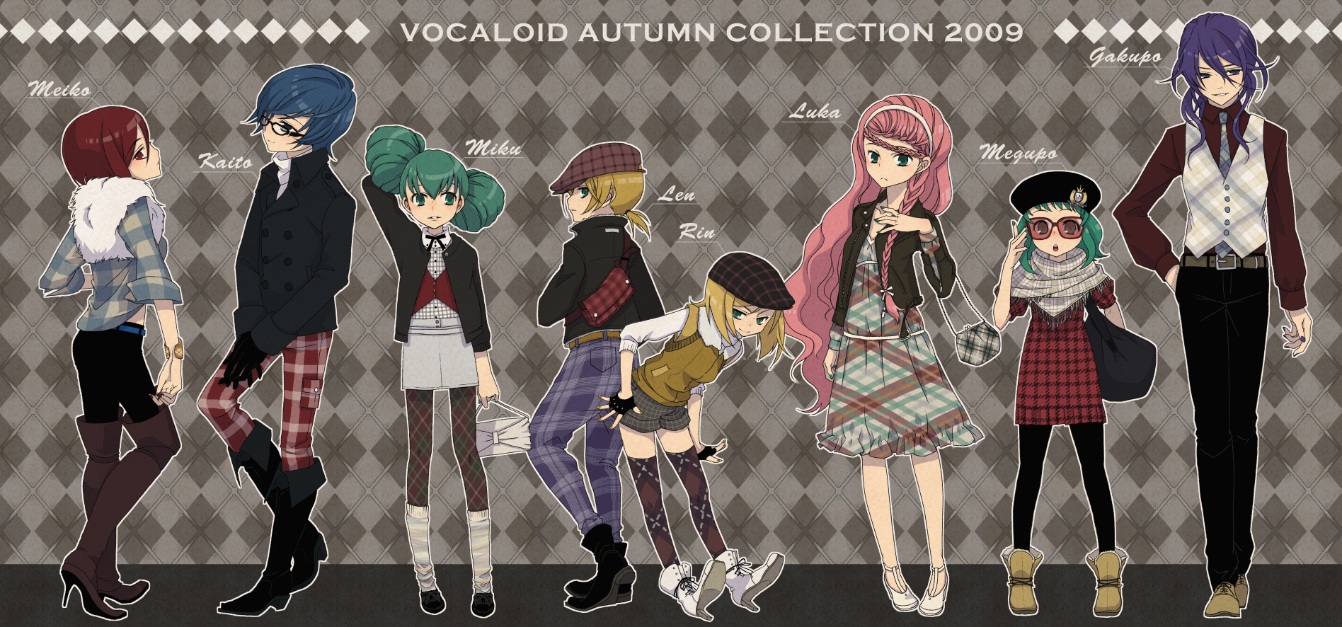 mirai (kiichigo3), gumi, hatsune miku, kagamine len, kagamine rin, kaito (vocaloid), kamui gakupo, megurine luka, meiko (vocaloid), vocaloid, argyle legwear, bad id, bad pixiv id, highres, 3boys, 5girls, alternate hairstyle, aqua eyes, aqua hair, argyle clothes, beret, blonde hair, blue eyes, blue hair, boots, braid, brown eyes, brown hair, casual, coat, dress, family, fashion, formal clothes, fringe trim, glasses, green eyes, green hair, hairband, hat, jacket, long hair, multiple boys, multiple girls, necktie, pants, pantyhose, patterned legwear, pink hair, plaid clothes, plaid dress, plaid pants, plaid shirt, plaid vest, purple hair, scarf, shirt, short hair, smile, suit, thighhighs, vest