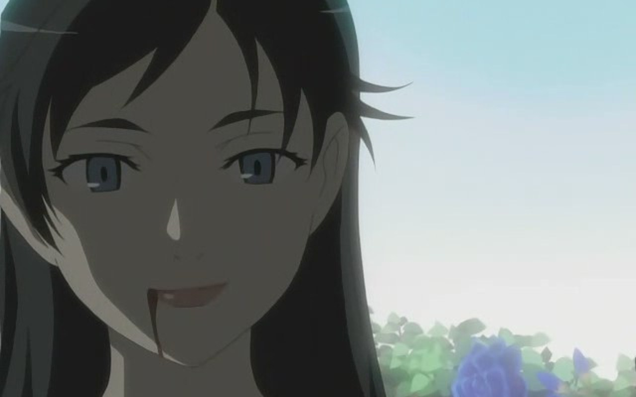 diva, blood+, 00s, black hair, blood, blue eyes, blue rose, flower, rose, smile