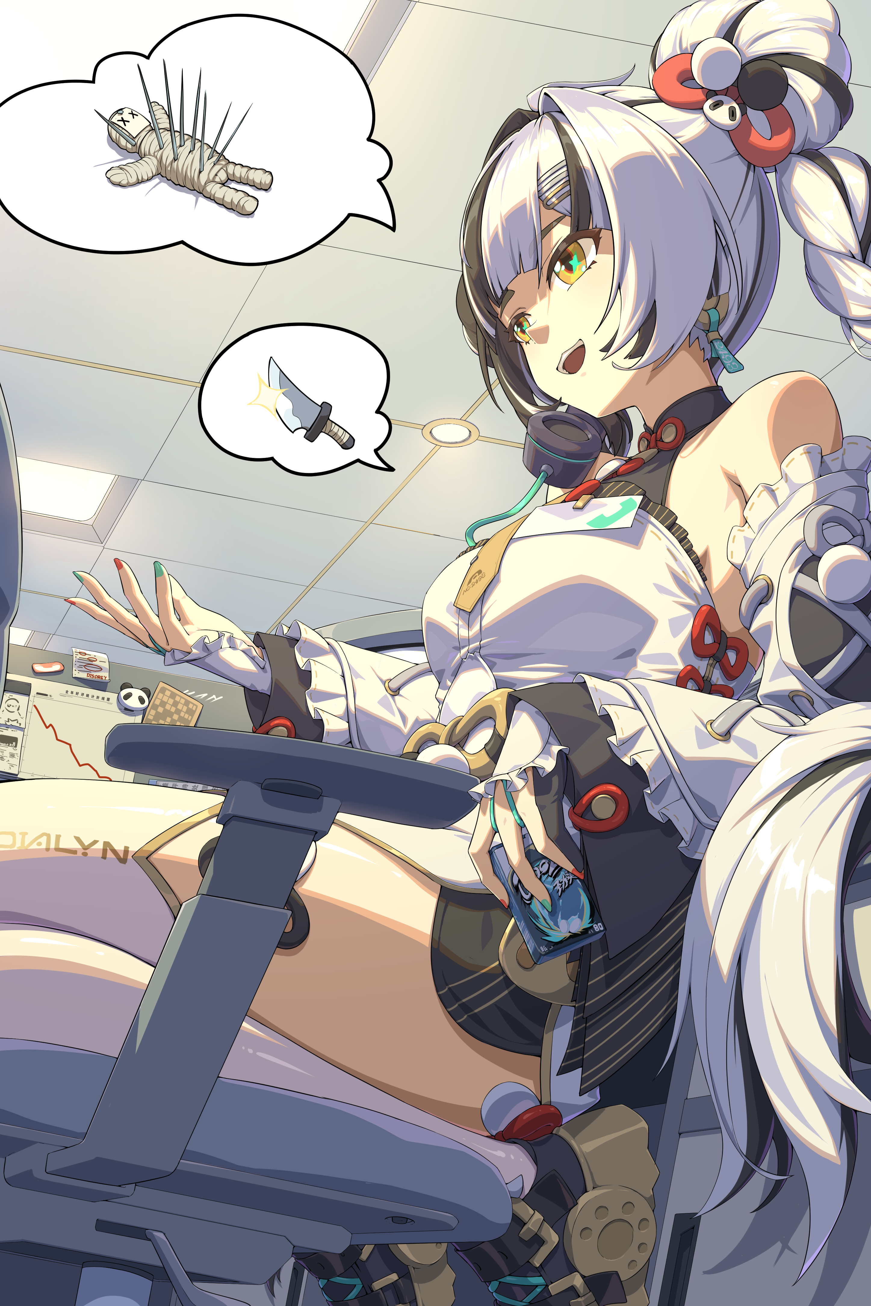 yan000, dialyn (zenless zone zero), zenless zone zero, absurdres, commentary request, highres, 1girl, bare shoulders, black gloves, black hair, black shoes, braid, chair, china dress, chinese clothes, detached sleeves, dress, gloves, hand up, indoors, kneeling, long hair, long sleeves, looking to the side, multicolored hair, multicolored nails, on chair, open mouth, partially fingerless gloves, shoes, single glove, smile, solo, split-color hair, spoken object, teeth, thighhighs, two-tone hair, upper teeth only, very long hair, white dress, white hair, white thighhighs, yellow eyes