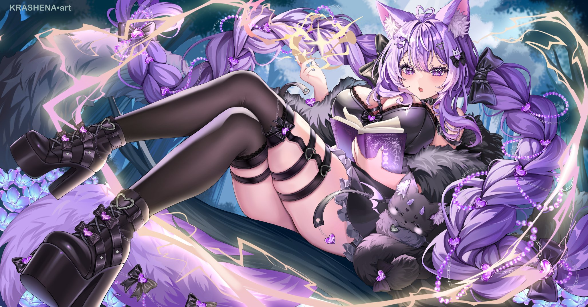 indie virtual youtuber, commission, highres, 1girl, ahoge, animal, animal ear fluff, artist name, black boots, black bow, black dress, book, boots, bow, braid, breasts, crossed legs, dress, eyelashes, feather boa, flora violette, hair bow, hair ornament, heart, heart ahoge, heart hair ornament, high heel boots, high heels, holding, holding book, krashena, long braid, open mouth, purple eyes, purple hair, purple nails, tail, tail bow, tail ornament, thigh strap, twin braids, virtual youtuber