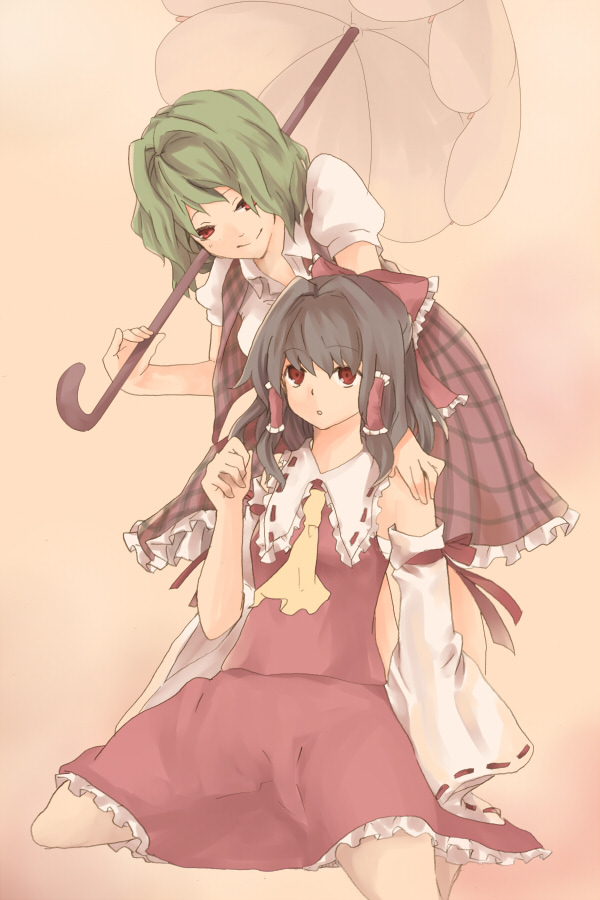 asagi-so, hakurei reimu, kazami yuuka, phantasmagoria of flower view, touhou, hand on shoulder, bad id, bad pixiv id, 2girls, :o, ascot, bow, brown hair, detached sleeves, female focus, green hair, hair bow, hair tubes, japanese clothes, leaning forward, miko, multiple girls, parasol, plaid clothes, plaid skirt, plaid vest, red eyes, short hair, simple background, sitting, skirt, skirt set, smile, umbrella, vest, wariza