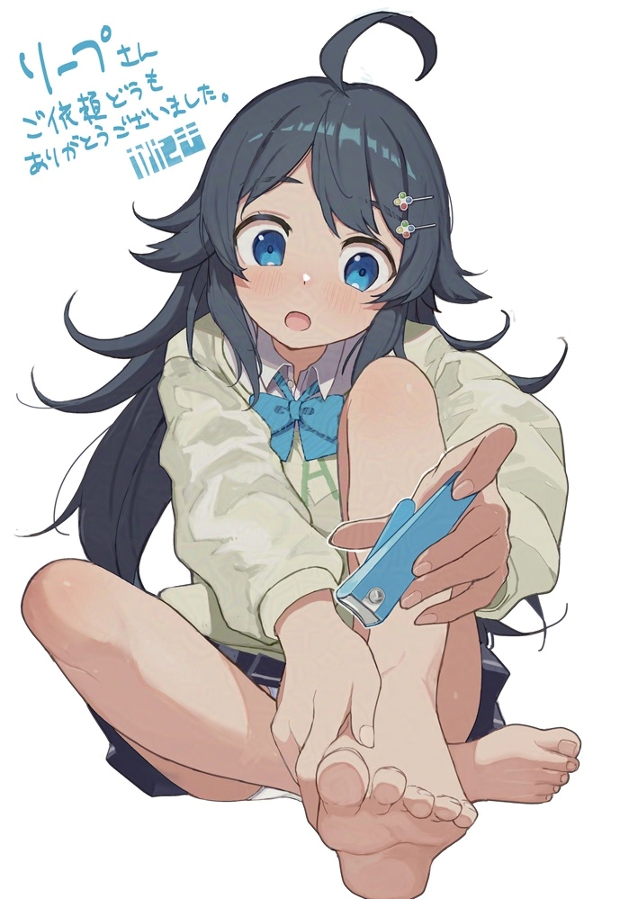 bouhuman, inohara koboshi, ongeki, commentary request, translation request, 1girl, ahoge, barefoot, black hair, blue bow, blue bowtie, blue eyes, blush, bow, bowtie, collared shirt, diagonal-striped bow, diagonal-striped bowtie, diagonal-striped clothes, feet, foreshortening, full body, grey skirt, hair ornament, hand on own foot, knees up, long hair, long sleeves, looking at foot, miniskirt, nail clippers, open mouth, panties, pantyshot, pleated skirt, school uniform, shirt, simple background, sitting, skirt, solo, striped bow, striped bowtie, striped clothes, sweater, toenails, toes, underwear, white background, white panties, white shirt, wing collar, yellow sweater