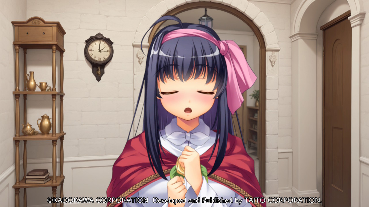 atelier-moo, sheela sheffield, yuukyuu gensoukyoku, game cg, large variant set, non-web source, official art, variant set, :o, ahoge, black hair, blush, breasts, clenched hands, closed eyes, collared shirt, company name, copyright notice, embarrassed, flower, hair between eyes, hair ribbon, hands on own chest, indoors, leaf, long hair, long sleeves, pink ribbon, red shawl, ribbon, rose, shawl, shirt, solo, tareme, very long hair, white shirt, yellow flower, yellow rose, yuukyuu gensoukyoku revival