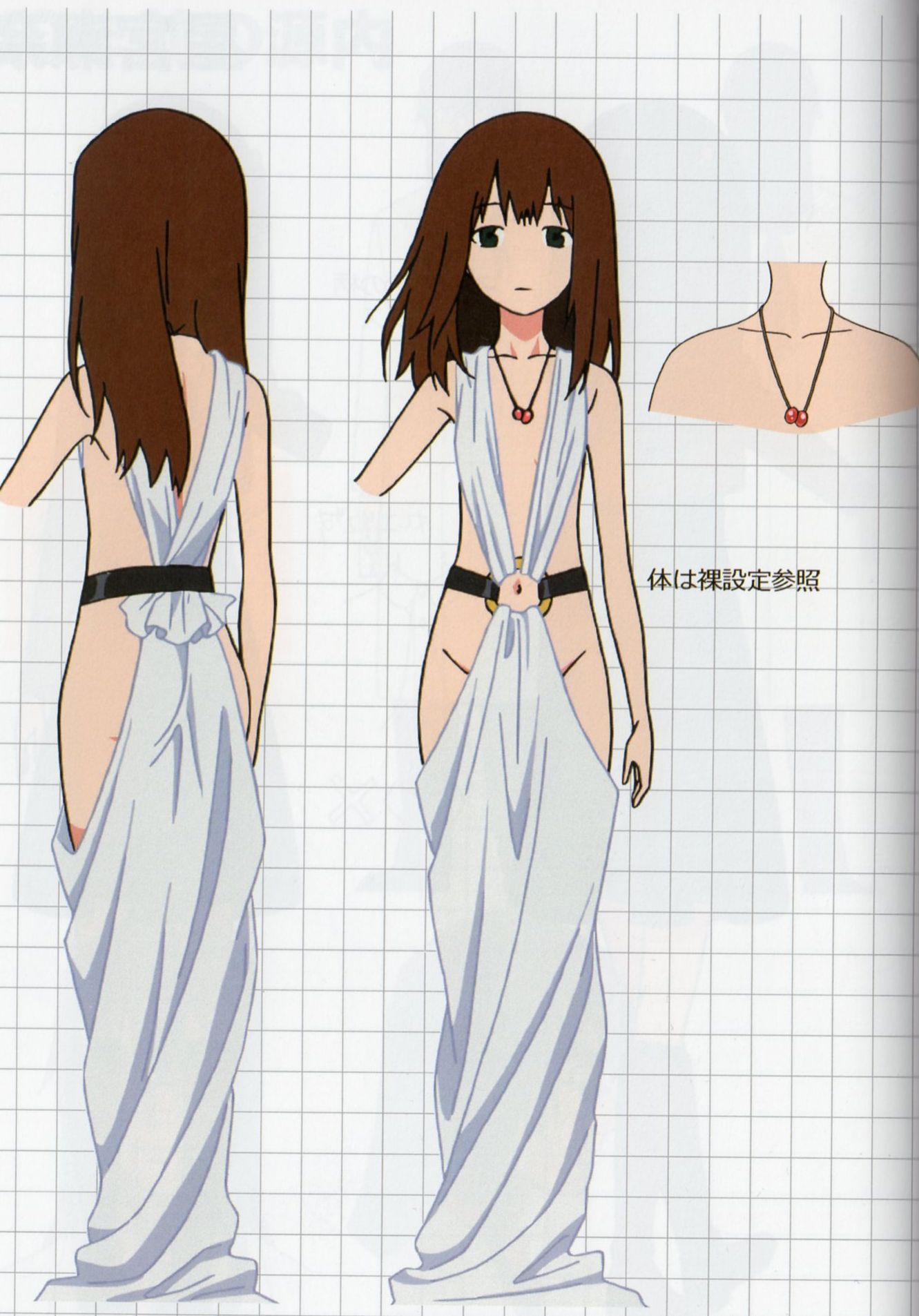 hoshimiya sena, big order, highres, official art, arm at side, arm out of frame, ass peek, back, brown hair, collar, collar jewel, expressionless, facing away, flat chest, green eyes, groin, jewelry, long hair, multiple views, naked robe, navel, necklace, no nose, no panties, open clothes, pendant collar, pointing out the details, reference sheet, robe, straight-on, white robe