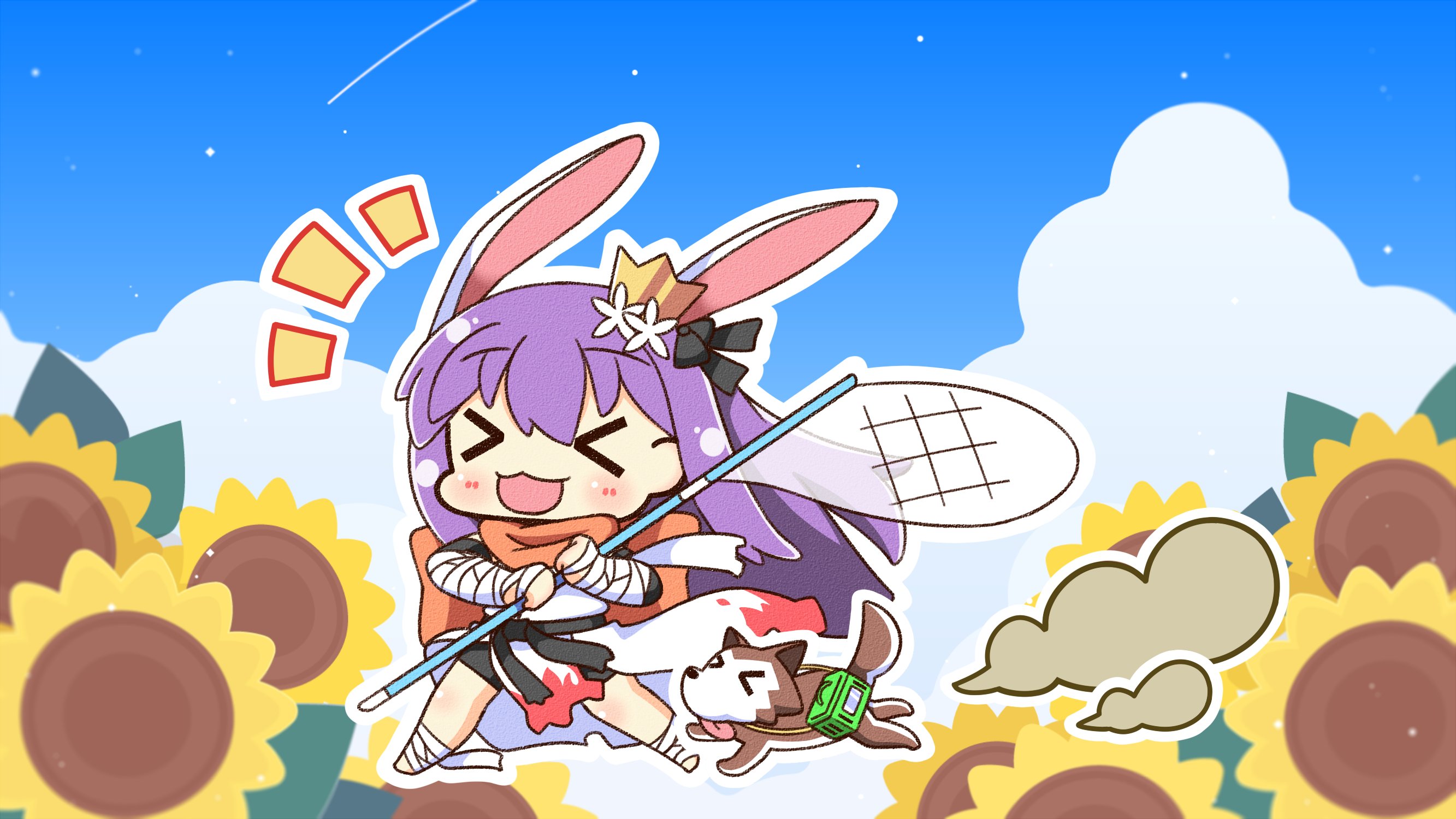 shizukushigure, desert wolf (ragnarok online), sura (ragnarok online), ragnarok online, commentary request, highres, > <, 1girl, animal ears, arm wrap, black bow, black shorts, blue sky, blush, bow, bug cage, butterfly net, canvas texture, chibi, chibi only, cloud, crown, day, flower, foot wraps, full body, gloves, hair bow, hand net, holding, holding butterfly net, long hair, mini crown, official alternate costume, open mouth, orange scarf, outdoors, purple hair, rabbit ears, rabbit girl, running, scarf, shirt, shorts, sky, smile, solo, sunflower, white shirt, wolf cub, yellow gloves