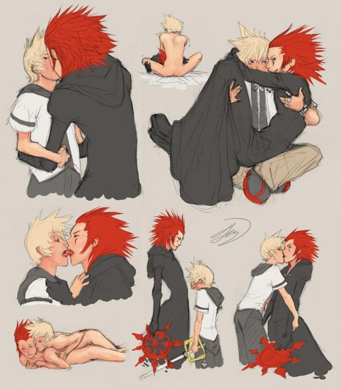 axel, roxas, kingdom hearts, 2boys, anal, clothed male nude male, clothed on nude, couple, fellatio, full body, hug, kiss, male focus, male penetrated, multiple boys, nude, oral, reference sheet, sex, shota, yaoi