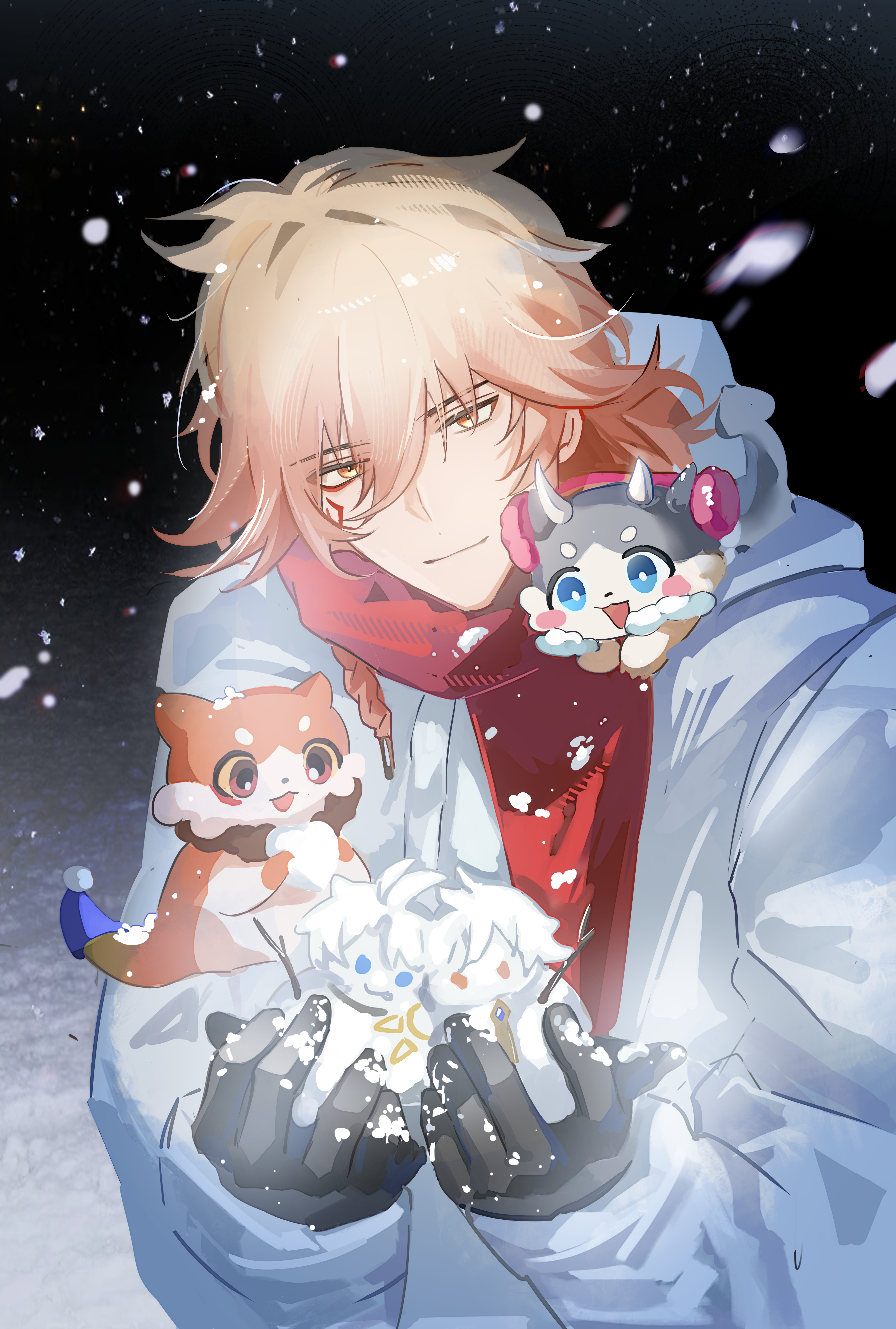 xiaozongcai521, chimera (honkai: star rail), mydei (fig stew) (honkai: star rail), mydei (honkai: star rail), phainon (honkai: star rail), phainon (vigethos) (honkai: star rail), honkai: star rail, honkai (series), character snowman, absurdres, highres, 1boy, black gloves, blonde hair, braid, coat, facial tattoo, gloves, gradient hair, male focus, medium hair, multicolored hair, red hair, red scarf, red tattoo, scarf, side braid, snowing, solo, tattoo, white coat, winter clothes, winter coat, yellow eyes