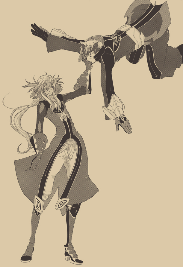 fereydoon, volsung, wild arms, wild arms 5, 2boys, full body, male focus, monochrome, multiple boys, simple background, yaoi