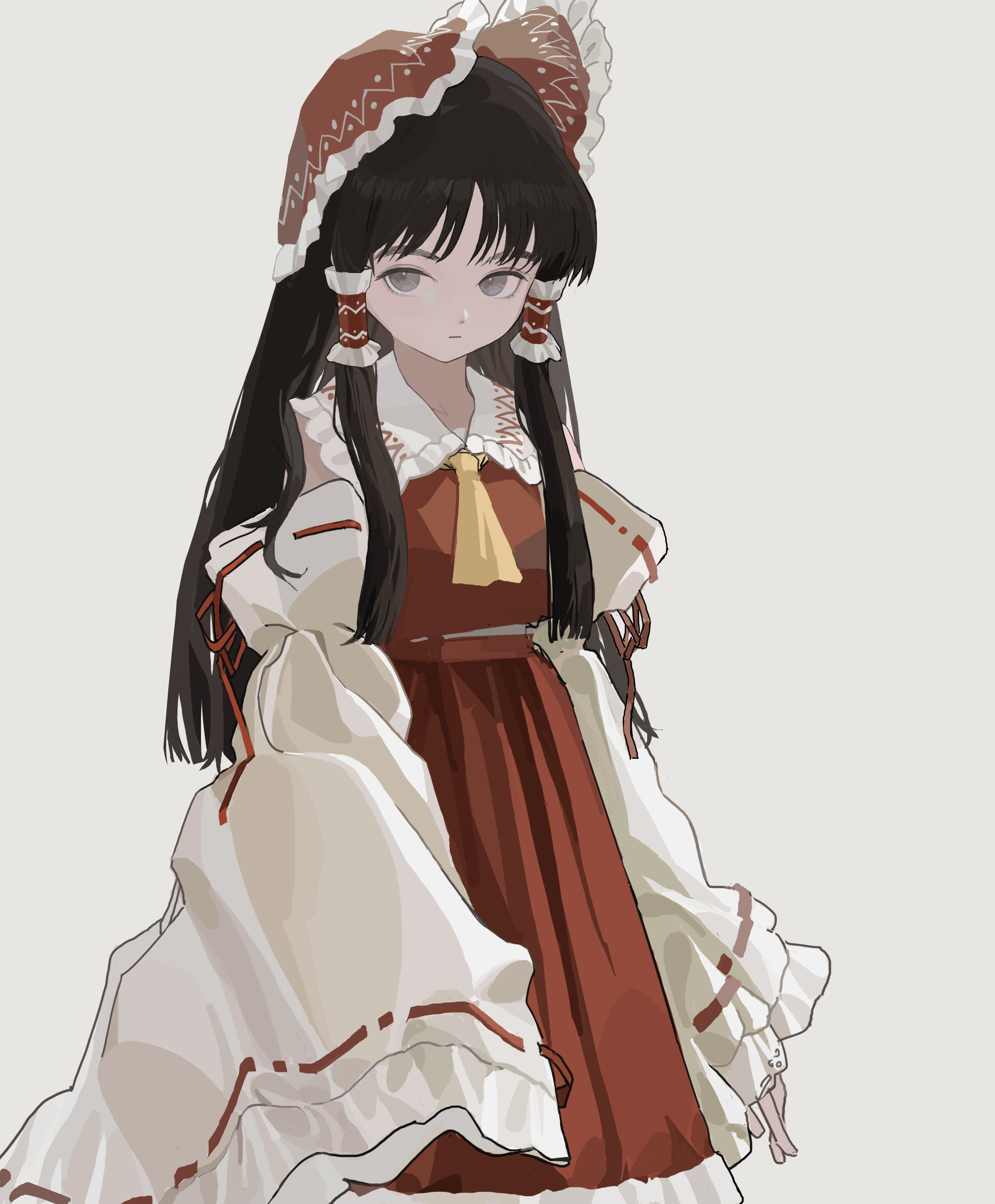 reisende1969, hakurei reimu, touhou, absurdres, commentary, highres, symbol-only commentary, 1girl, ascot, black hair, bow, closed mouth, cowboy shot, detached sleeves, frilled bow, frilled hair tubes, frilled sailor collar, frills, grey eyes, hair bow, hair tubes, long hair, long sleeves, looking at viewer, medium skirt, nontraditional miko, red bow, red shirt, red skirt, ribbon-trimmed sleeves, ribbon trim, sailor collar, shirt, simple background, skirt, sleeves past wrists, solo, standing, white background, white sailor collar, white sleeves, wide sleeves, yellow ascot