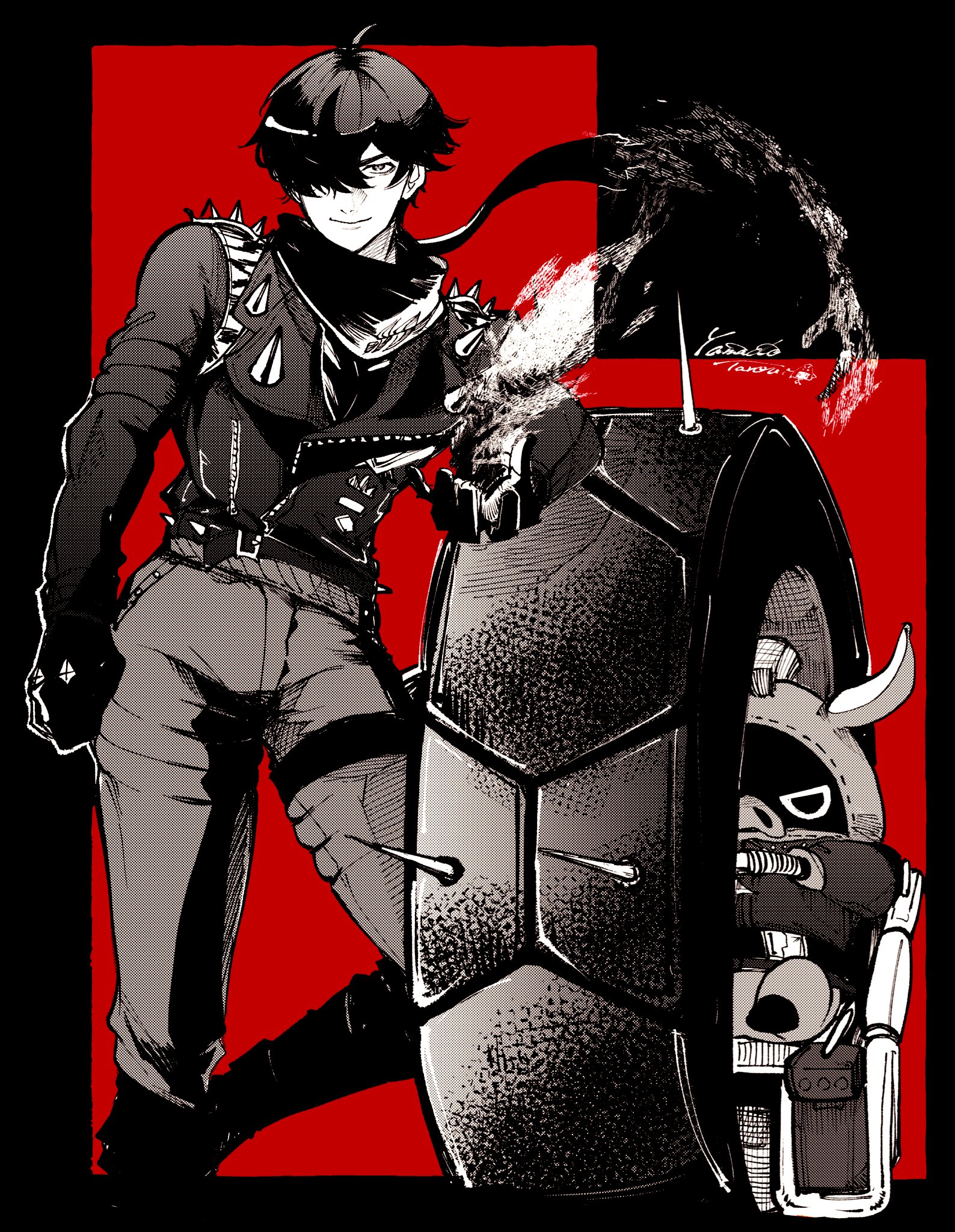 bangboo (zenless zone zero), lighter (zenless zone zero), zenless zone zero, commentary request, highres, 03 kyv, 1boy, artist name, black border, black gloves, border, gloves, greyscale with colored background, hair over one eye, looking at viewer, male focus, monochrome, red background, red moccus (zenless zone zero), scarf, short hair, shoulder spikes, smile, spiked jacket, spikes, wheel