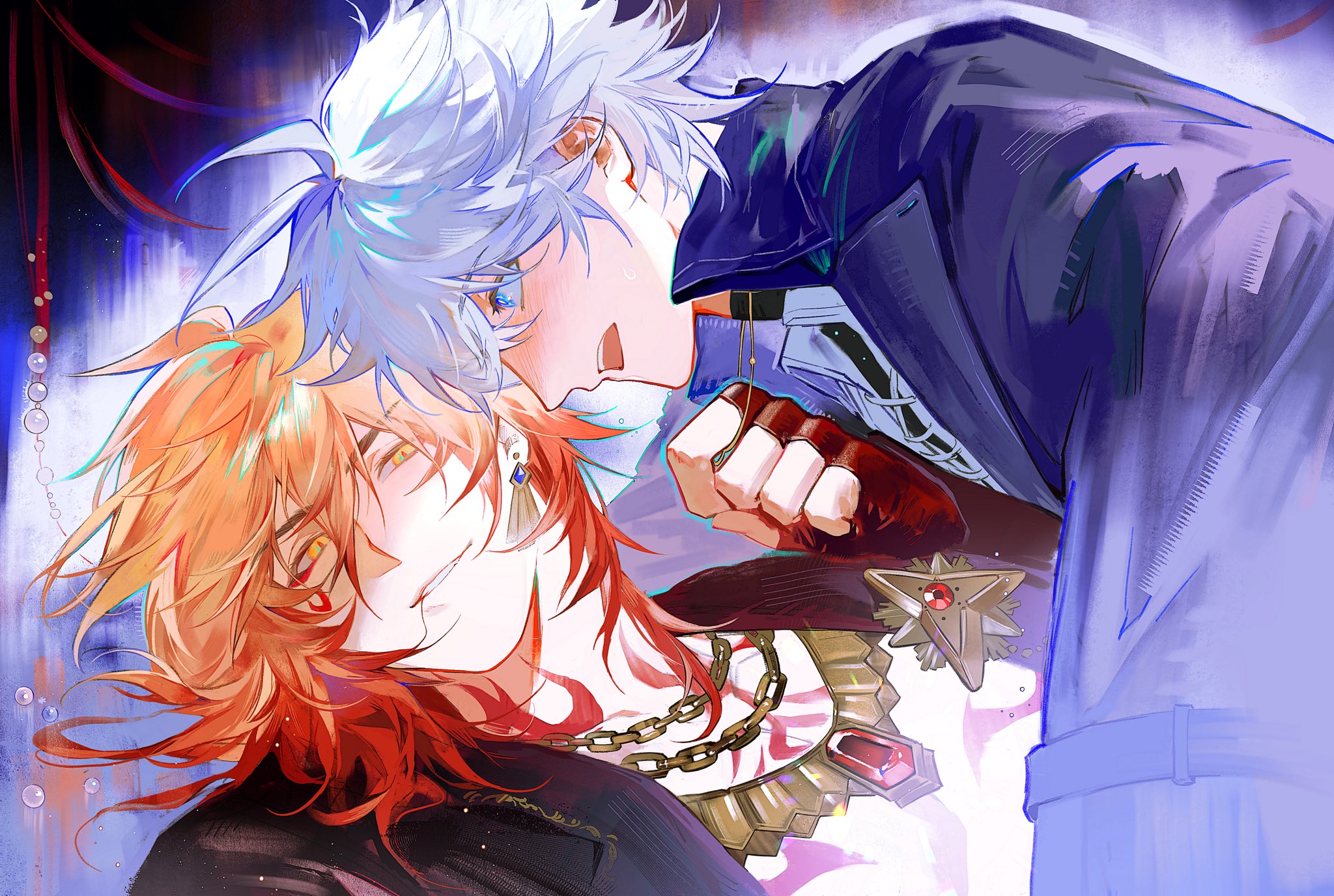 mydei (honkai: star rail), phainon (honkai: star rail), honkai: star rail, honkai (series), highres, 2boys, antenna hair, black jacket, black shirt, blonde hair, blue coat, blue eyes, blush, chest tattoo, coat, earrings, facial tattoo, fingerless gloves, fsh887624596321, gem, gloves, gold earrings, gold necklace, gradient hair, jacket, jewelry, male focus, medium hair, multicolored hair, multiple boys, mydei (nylon japan) (honkai: star rail), necklace, official alternate costume, open clothes, open jacket, phainon (nylon japan) (honkai: star rail), red gemstone, red gloves, red hair, red tattoo, shirt, short hair, tattoo, turtleneck, turtleneck shirt, white hair, white shirt, yaoi, yellow eyes