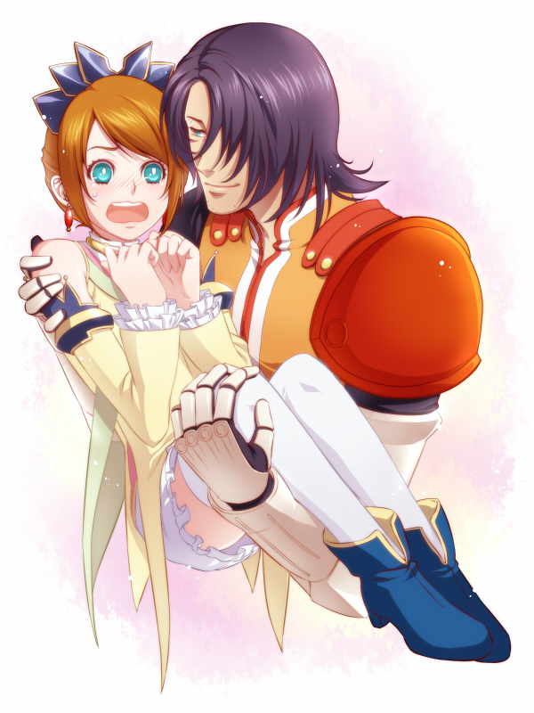 kuren, raven (tales), rita mordio, schwann oltorain, tales of (series), tales of vesperia, bad id, bad pixiv id, spoilers, 00s, 1boy, 1girl, alternate costume, armor, black hair, blush, brown hair, carrying, earrings, embarrassed, green eyes, jewelry, official alternate costume, princess carry, smile, surcoat