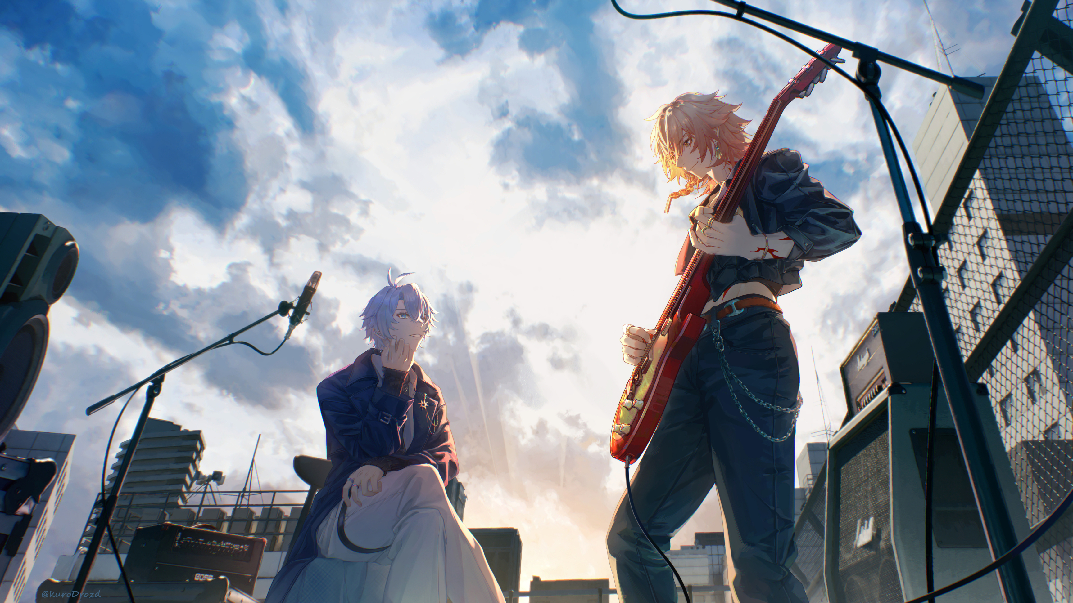 mydei (honkai: star rail), phainon (honkai: star rail), phainon (luckin coffee) (honkai: star rail), honkai: star rail, honkai (series), absurdres, chinese commentary, commentary request, highres, 2boys, antenna hair, arm tattoo, black jacket, black pants, black sweater, blonde hair, blue coat, blue eyes, blue sky, braid, coat, cropped jacket, electric guitar, facial tattoo, gibson les paul, gradient hair, guitar, holding, holding guitar, holding instrument, instrument, jacket, kurodrozd, male focus, medium hair, microphone stand, multicolored hair, multiple boys, official alternate costume, outdoors, pants, parted bangs, red hair, red tattoo, shirt, short hair, side braid, sky, sweater, tattoo, thigh strap, turtleneck, turtleneck sweater, white hair, white pants, white shirt, yellow eyes