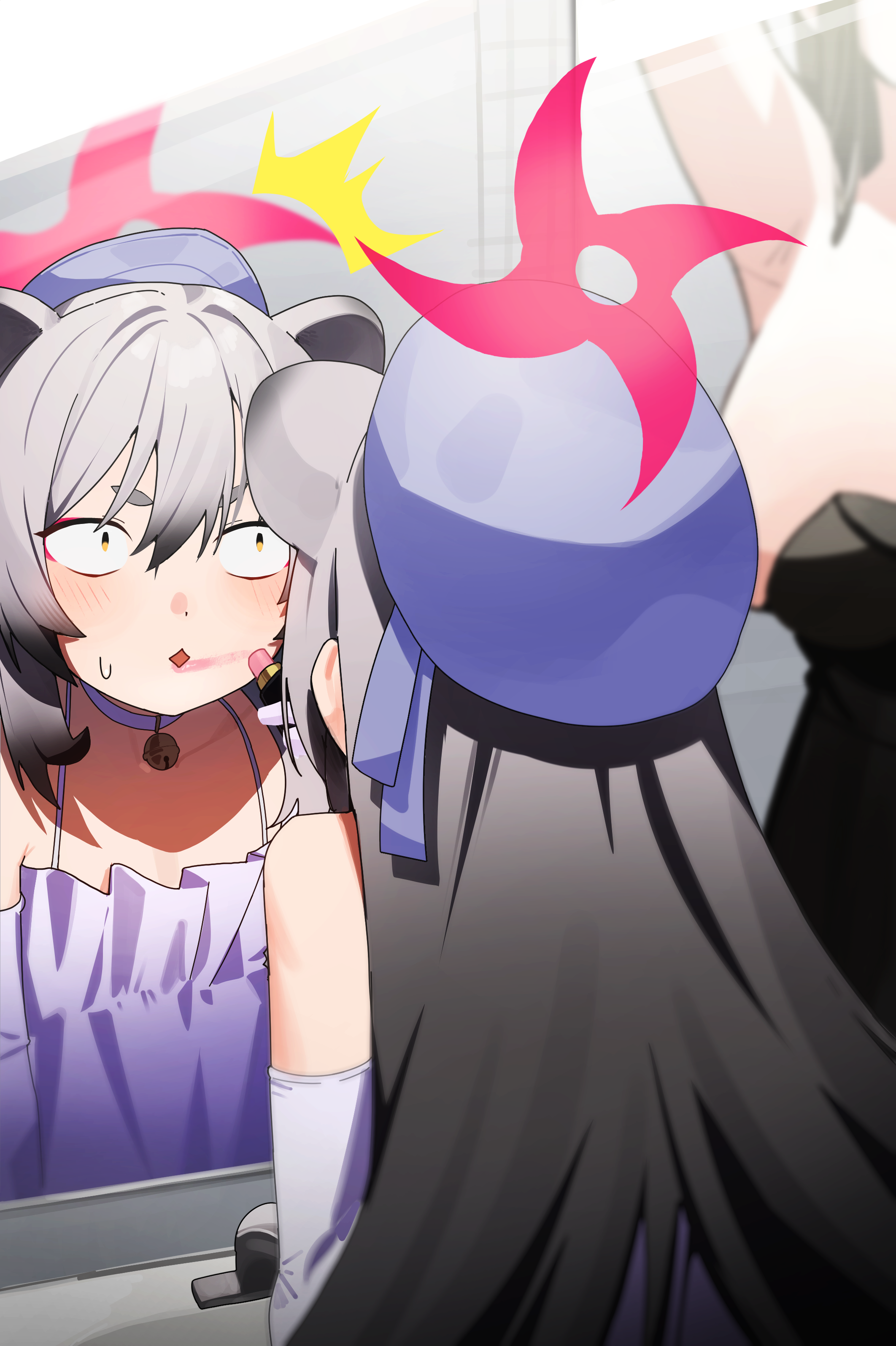 pyytato, michiru (blue archive), rio (blue archive), blue archive, absurdres, commentary, highres, symbol-only commentary, 2girls, animal ears, applying makeup, armpits, black dress, black hair, breasts, cosmetics, dress, elbow gloves, flat chest, gloves, gradient hair, grey hair, hair between eyes, halo, hat, holding, holding lipstick tube, large breasts, lipstick tube, long hair, looking at another, michiru (dress) (blue archive), multicolored hair, multiple girls, official alternate costume, purple dress, purple hat, red halo, reflection, rio (dress) (blue archive), sleeveless, sleeveless dress, strapless, strapless dress, sweatdrop, white gloves, yellow eyes