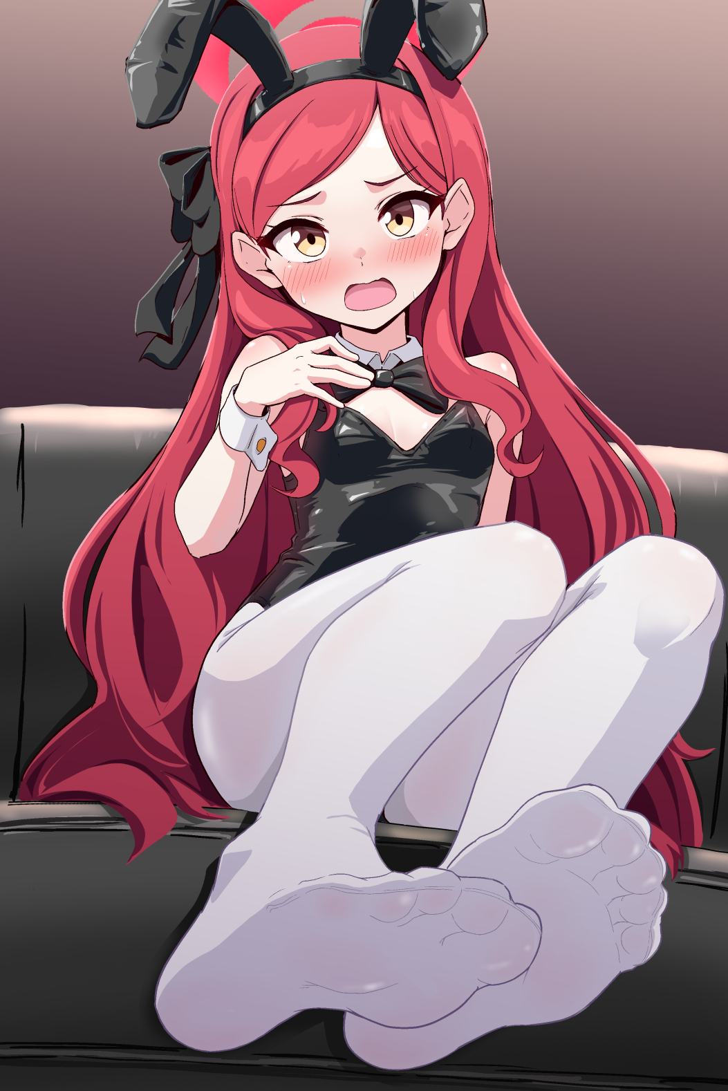 pc fworks, takane (blue archive), blue archive, commentary request, highres, 1girl, alternate costume, animal ears, arm up, black bow, black bowtie, black leotard, blush, bow, bowtie, breasts, couch, feet, hair bow, halo, leotard, long hair, looking at viewer, on couch, open mouth, pantyhose, playboy bunny, rabbit ears, red hair, red halo, small breasts, solo, white pantyhose, yellow eyes