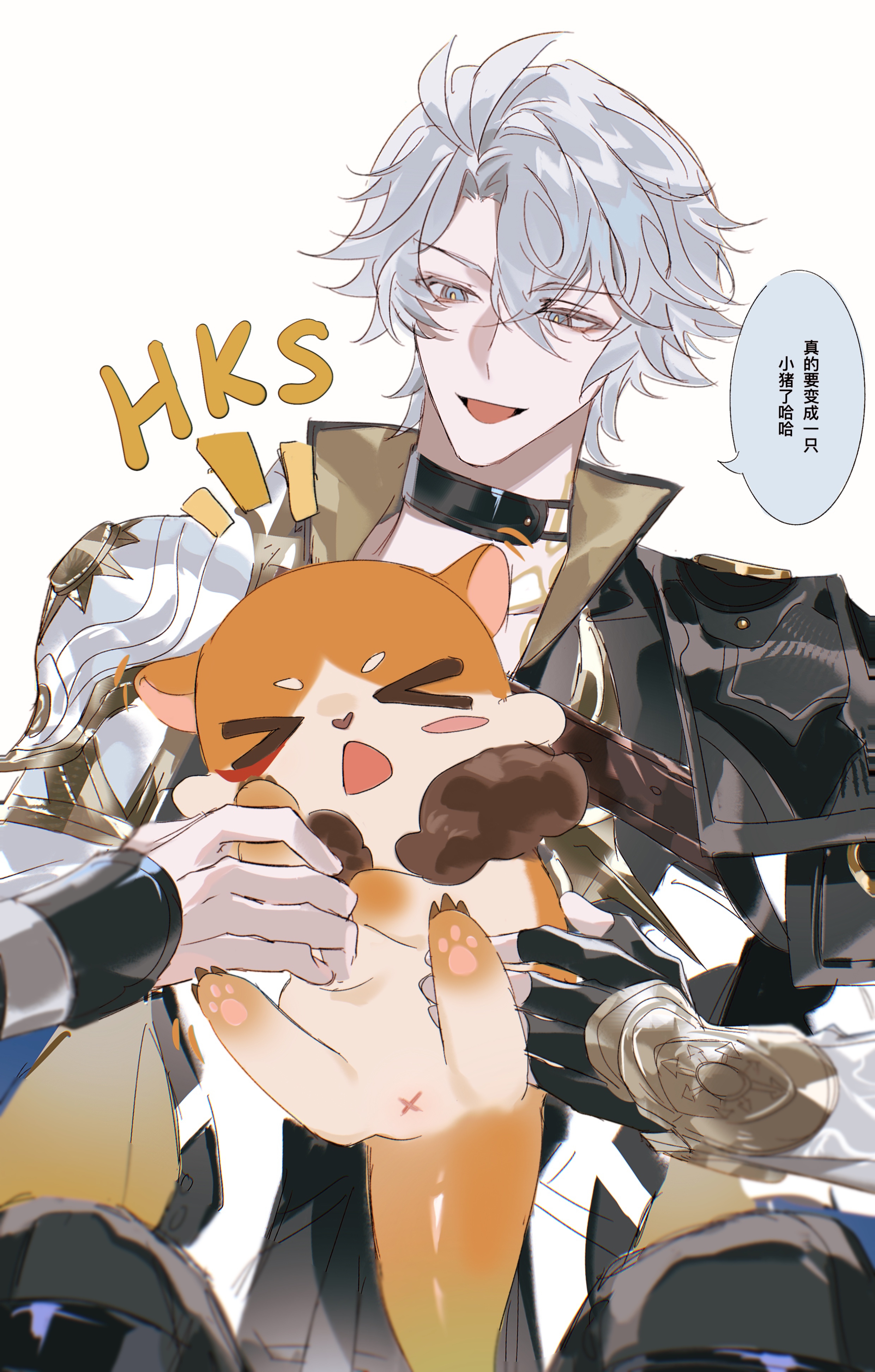 liaoxiaoyan0919, chimera (honkai: star rail), mydei (fig stew) (honkai: star rail), mydei (honkai: star rail), phainon (honkai: star rail), honkai: star rail, honkai (series), absurdres, chinese commentary, commentary request, highres, translation request, 1boy, antenna hair, armor, black choker, black gloves, black shirt, blue eyes, blush, chinese text, choker, coat, fingerless gloves, gloves, male focus, neck tattoo, parted bangs, pauldrons, shirt, short hair, shoulder armor, single glove, single pauldron, solo, sun symbol, sun tattoo, tan, tattoo, white coat, white hair