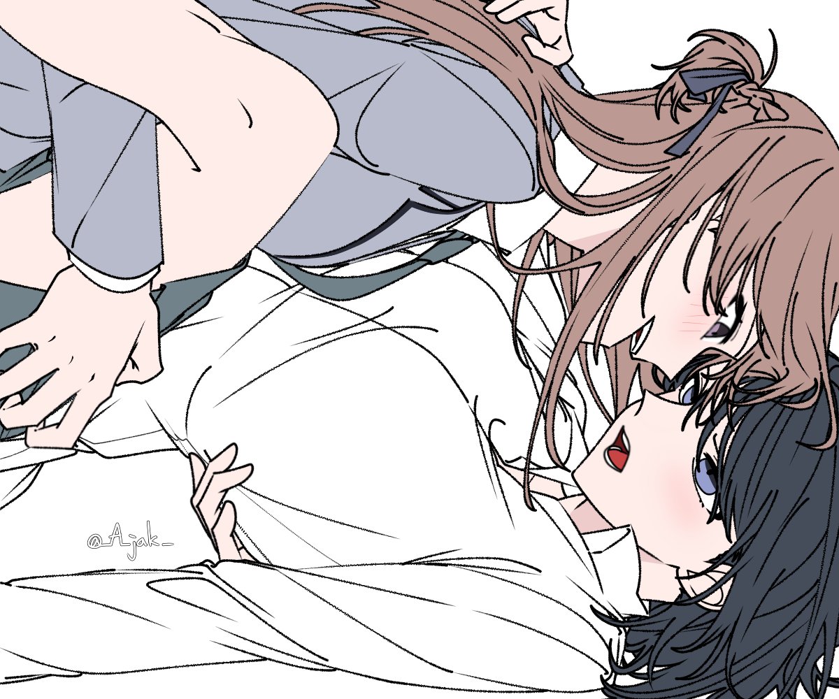 a jak, miyagi shiori, sendai hazuki, shuuniichido classmate wo kau hanashi, 2girls, black hair, blue eyes, braid, brown hair, grey jacket, grey necktie, half up braid, jacket, long hair, medium hair, multiple girls, necktie, open mouth, purple eyes, school uniform, shirt, simple background, white background, white shirt, yuri