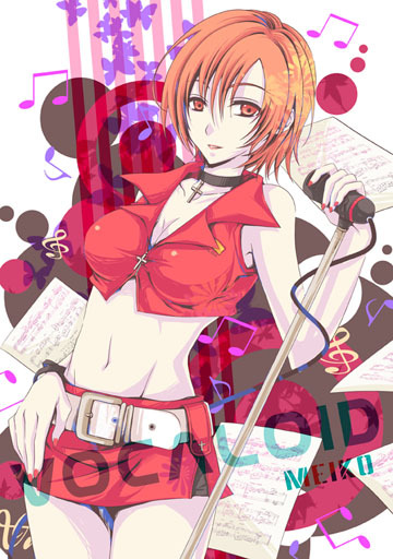 kutenriri, meiko (vocaloid), vocaloid, 1girl, belt, breasts, brown eyes, brown hair, cleavage, cross, female focus, jewelry, microphone, microphone stand, midriff, musical note, navel, necklace, short hair, skirt, solo