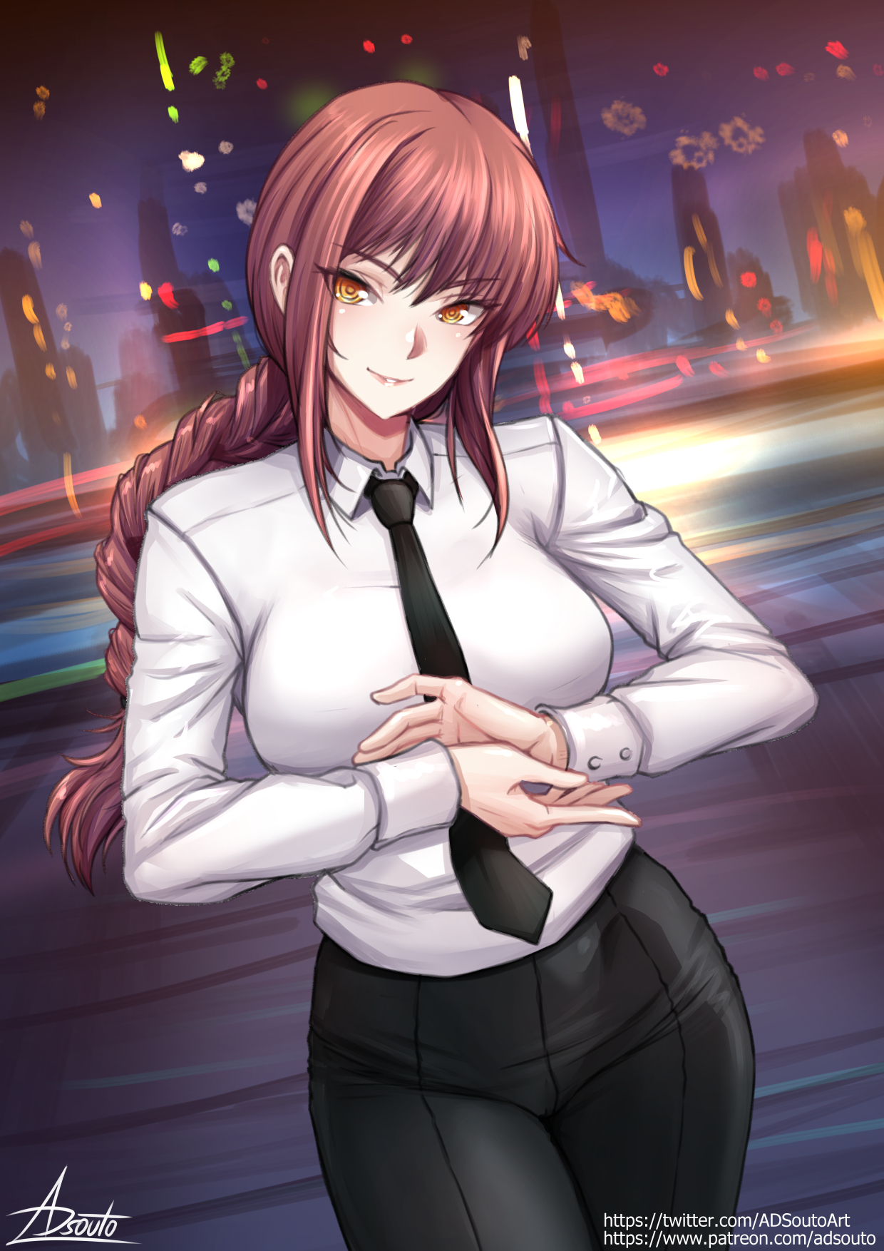 adsouto, makima (chainsaw man), chainsaw man, commentary, highres, variant set, 1girl, black necktie, black pants, braid, braided ponytail, breasts, business suit, formal clothes, long hair, looking at viewer, medium breasts, necktie, pant suit, pants, red hair, ringed eyes, shirt, signature, solo, suit, white shirt, yellow eyes