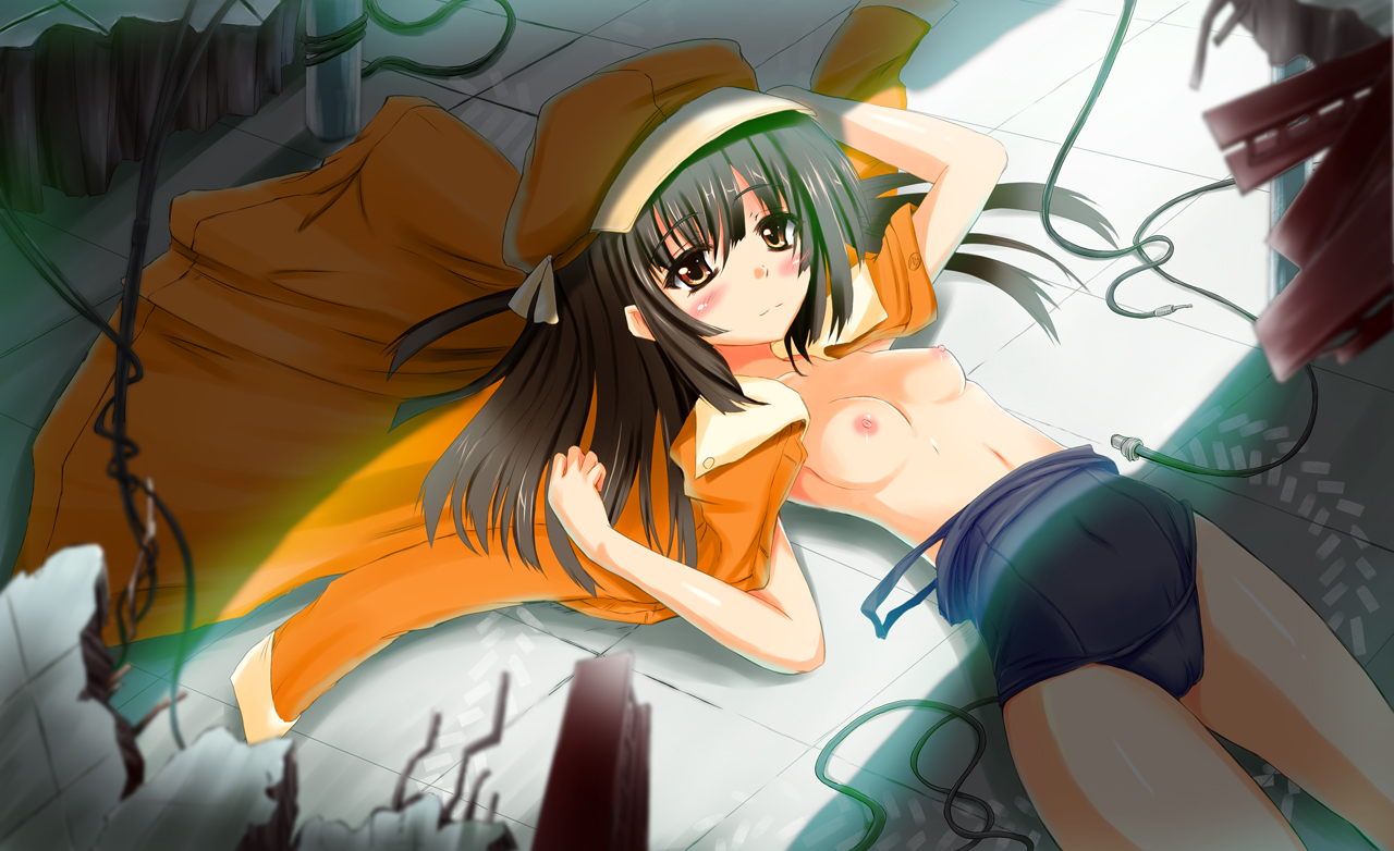 kamishiro ryuu, sengoku nadeko, bakemonogatari, monogatari (series), 00s, 1girl, blush, breasts, clothes pull, female focus, hat, jacket, jacket on shoulders, lying, newsboy cap, nipples, no bra, one-piece swimsuit, one-piece swimsuit pull, school swimsuit, small breasts, solo, swimsuit, topless female