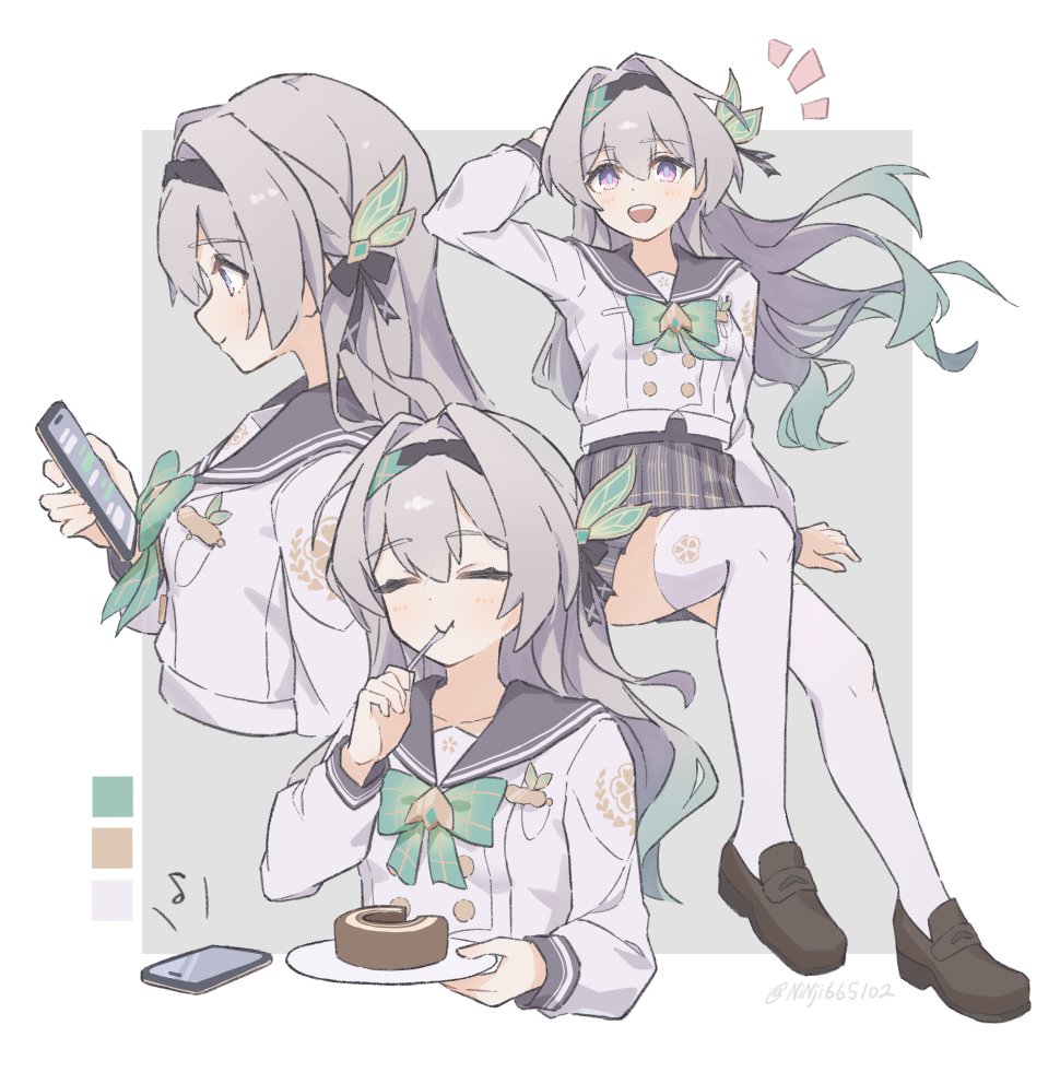 ninji665102, firefly (honkai: star rail), firefly (spring missive) (honkai: star rail), honkai: star rail, honkai (series), commentary request, 1girl, black hairband, bow, bowtie, cake, food, green bow, green bowtie, grey hair, grey sailor collar, grey skirt, hairband, holding, holding phone, long hair, multicolored eyes, oak cake roll (honkai: star rail), phone, plaid bow, plaid bowtie, plaid clothes, plaid skirt, sailor collar, school uniform, skirt, solo, two-tone eyes