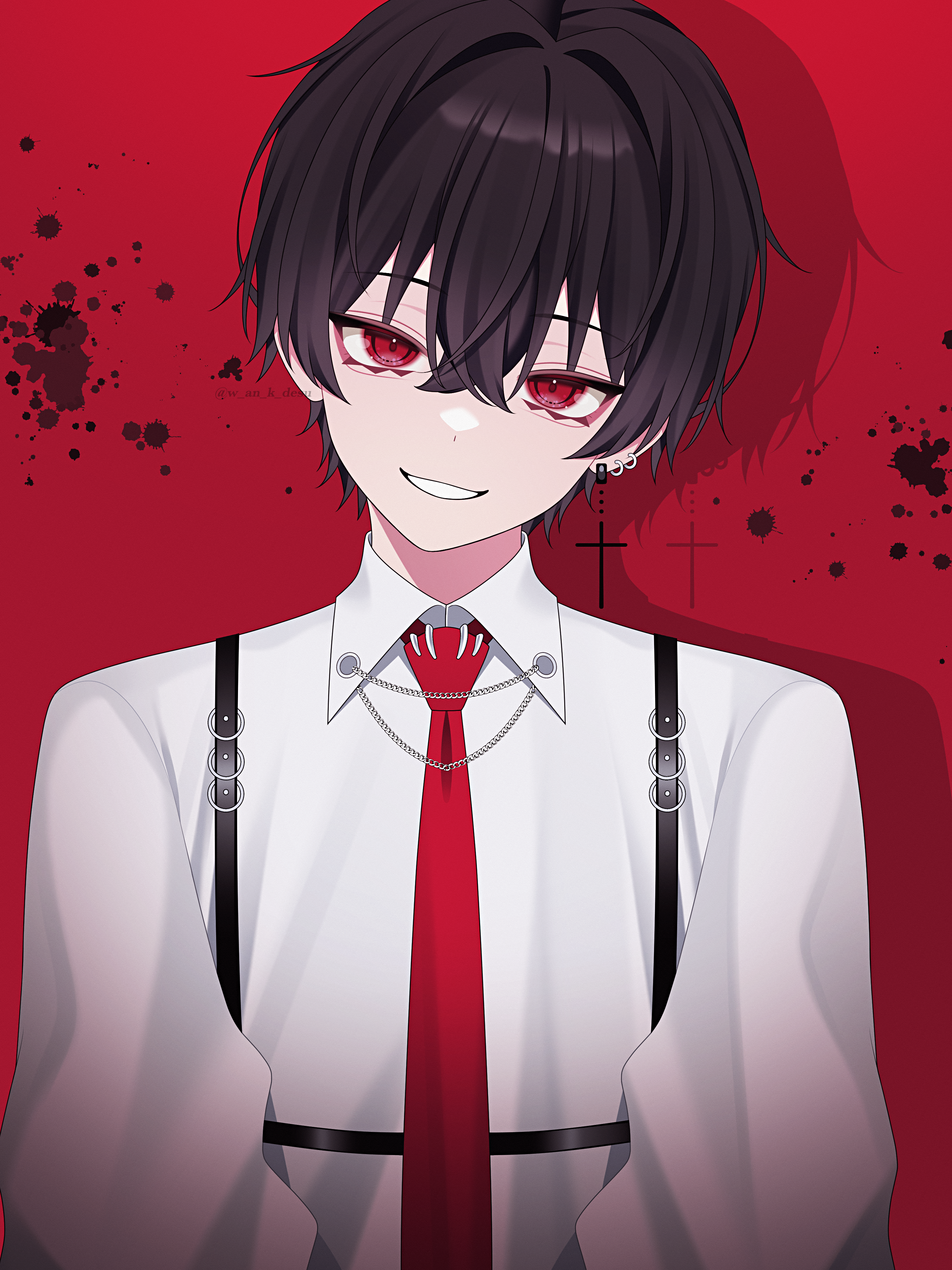 wanko (yurika0320), original, absurdres, commentary, english commentary, highres, 1boy, artist name, belt, black hair, chest harness, collared shirt, cross, cross earrings, crossed bangs, ear piercing, earrings, hair between eyes, hair intakes, harness, head tilt, jewelry, long sleeves, male focus, necktie, o-ring, o-ring harness, piercing, red background, red eyes, red necktie, shadow, shirt, single earring, solo, splatter, straight-on, upper body, white shirt
