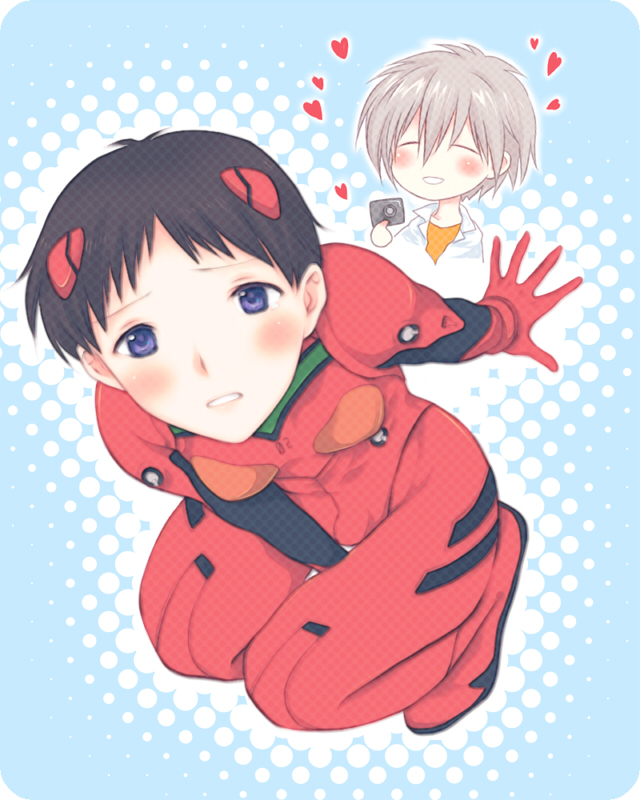 akai oto, ikari shinji, nagisa kaworu, neon genesis evangelion, 2boys, androgynous, blue eyes, blush, brown hair, cosplay, crossdressing, crossdressing (mtf), embarrassed, interface headset (evangelion), male focus, mecha pilot suit, multiple boys, plugsuit (evangelion), souryuu asuka langley (cosplay), spandex, trap