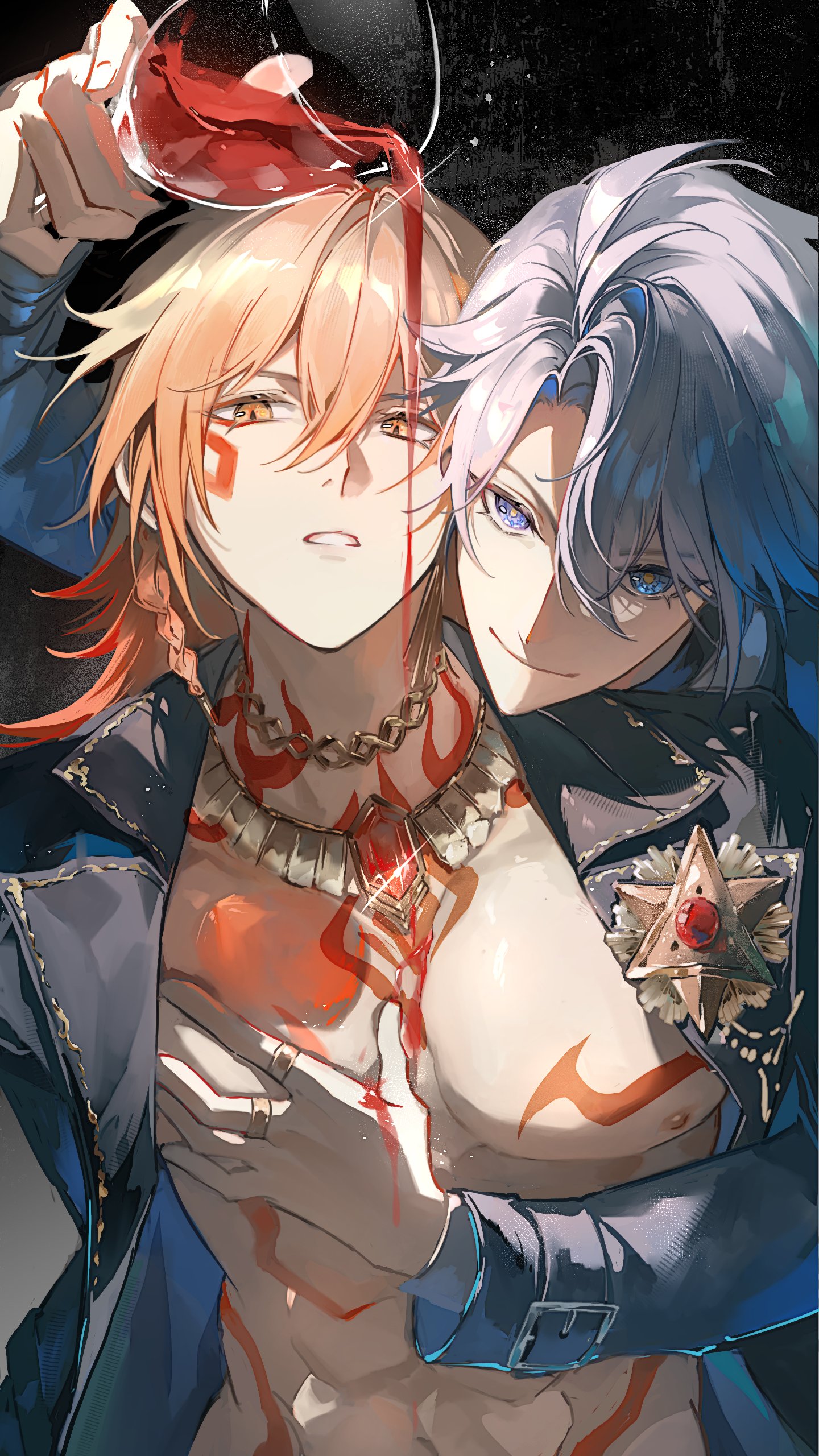 mydei (honkai: star rail), phainon (honkai: star rail), honkai: star rail, honkai (series), absurdres, chinese commentary, commentary request, highres, 2boys, abs, antenna hair, arm tattoo, black jacket, blonde hair, blue coat, blue eyes, braid, chest tattoo, coat, cup, earrings, facial tattoo, gem, gold earrings, gold necklace, gradient hair, holding, holding cup, jacket, jewelry, large pectorals, luuuuuucao22811, male focus, medium hair, multicolored hair, multiple boys, mydei (nylon japan) (honkai: star rail), necklace, no shirt, official alternate costume, open clothes, open jacket, parted bangs, pectoral grab, pectorals, phainon (nylon japan) (honkai: star rail), pouring onto another, red gemstone, red hair, red tattoo, short hair, side braid, tattoo, toned, toned male, white hair, yaoi, yellow eyes