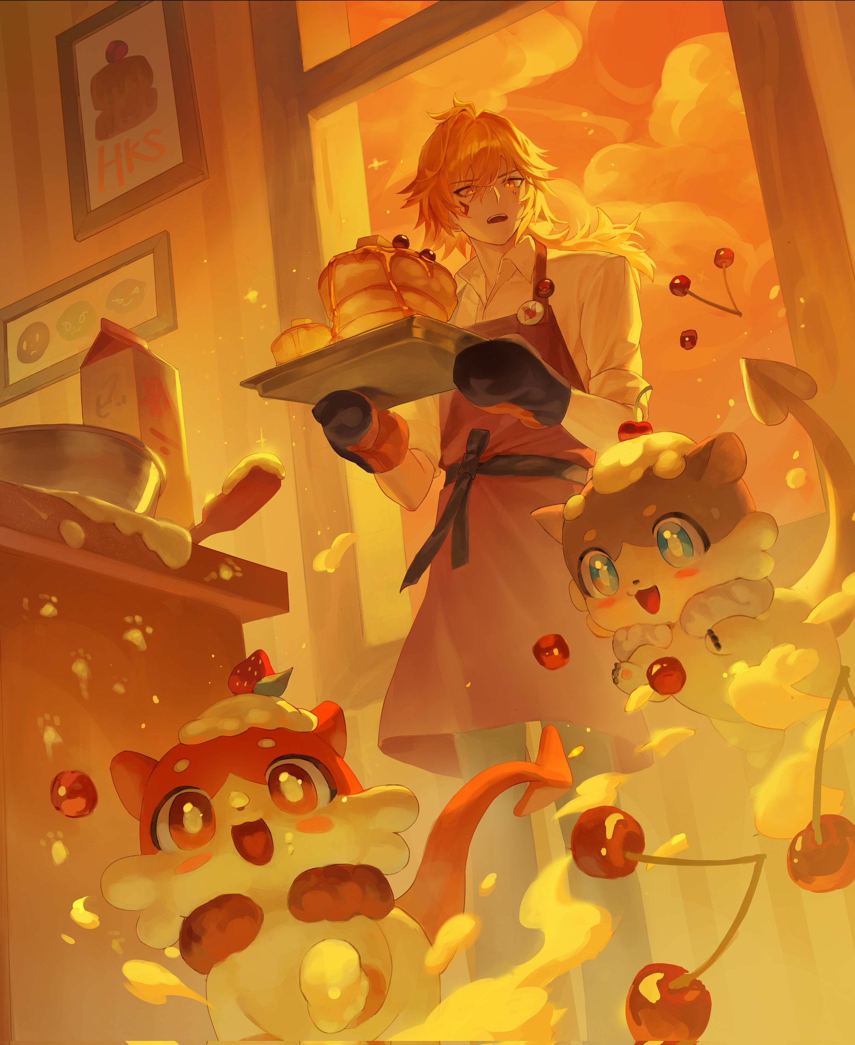 chimera (honkai: star rail), mydei (delicacies) (honkai: star rail), mydei (fig stew) (honkai: star rail), mydei (honkai: star rail), phainon (honkai: star rail), phainon (vigethos) (honkai: star rail), honkai: star rail, honkai (series), hashtag-only commentary, highres, 1boy, black mittens, blonde hair, braid, collared shirt, facial tattoo, food, gradient hair, holding, holding tray, male focus, medium hair, mittens, multicolored hair, official alternate costume, pancake, pancake stack, red hair, shirt, shum, side braid, sleeves rolled up, solo, tattoo, tray, white shirt, yellow eyes