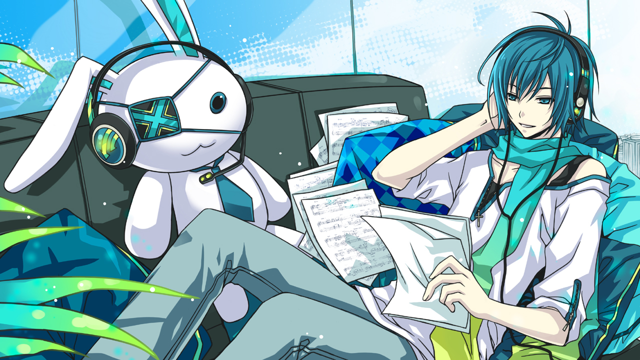 kutenriri, kaito (vocaloid), vocaloid, 1boy, aqua scarf, blue eyes, blue hair, eyepatch, headphones, headset, male focus, matching hair/eyes, rabbit, scarf, sheet music, sitting, smile, solo, stuffed animal, stuffed rabbit, stuffed toy