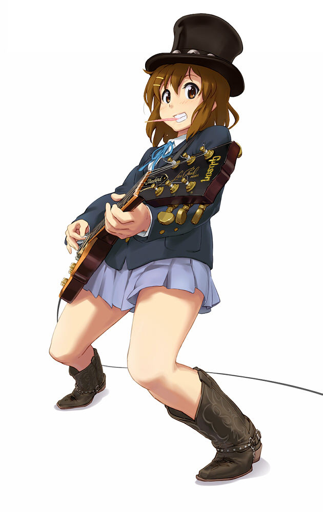 garichapon, hirasawa yui, slash (guns-n-roses), slash (guns n' roses), gibson, guns n' roses, k-on!, 1girl, blush, boots, brown eyes, brown hair, cosplay, cowboy boots, electric guitar, female focus, gibson les paul, grin, guitar, hair ornament, hairclip, hat, instrument, no legwear, school uniform, short hair, skirt, slash (guns n' roses) (cosplay), smile, solo, standing, top hat