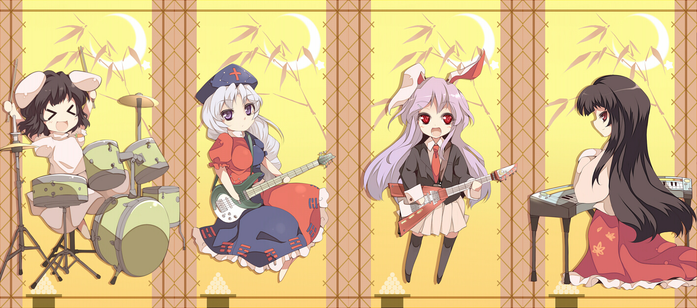 uruu gekka, houraisan kaguya, inaba tewi, reisen udongein inaba, yagokoro eirin, touhou, > <, 4girls, animal ears, closed eyes, drum, drum set, female focus, fender stratocaster, gibson flying v, guitar, instrument, keyboard (instrument), long hair, multiple girls, rabbit ears, short hair, sitting, standing