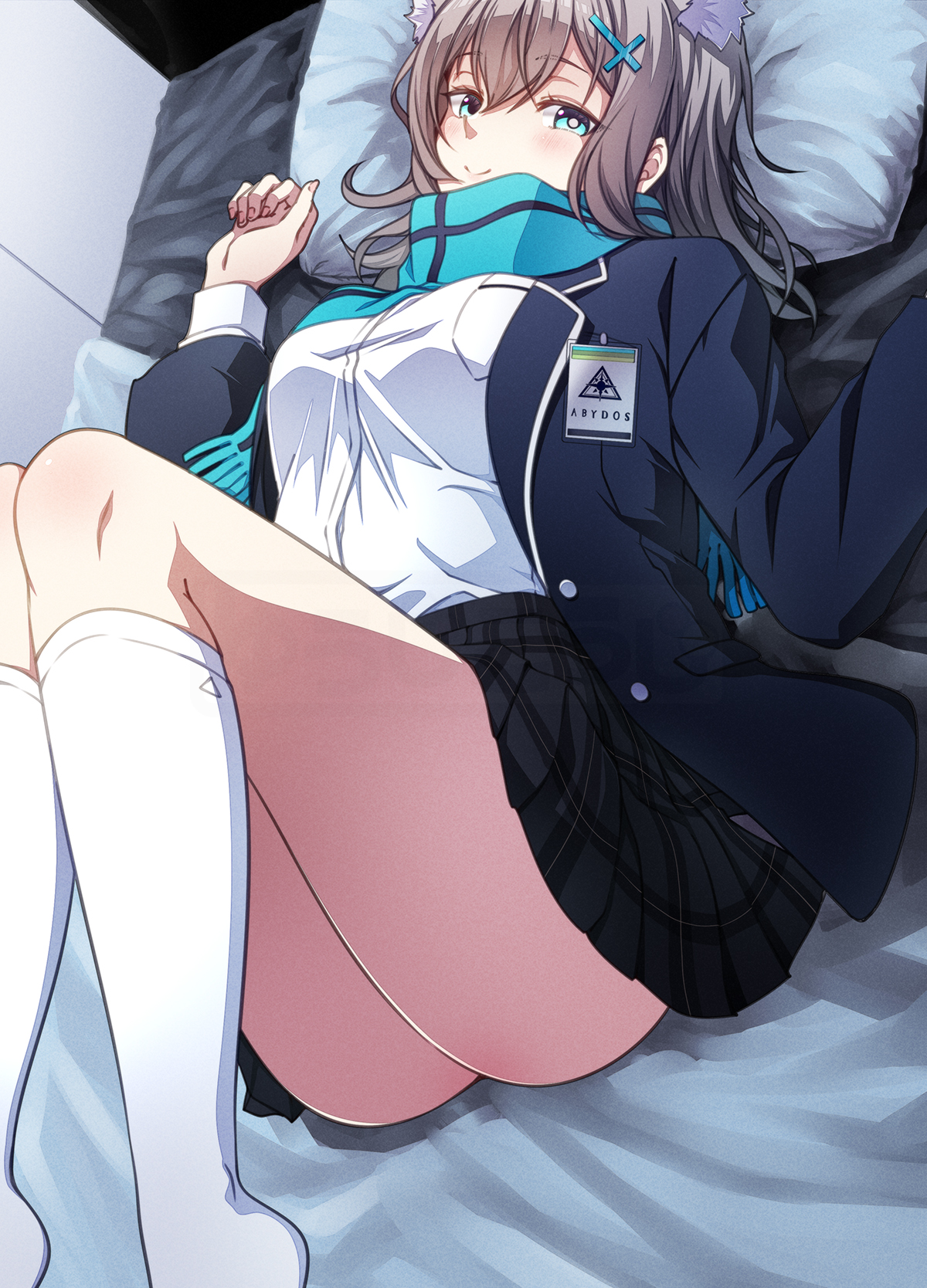 kouji (campus life), shiroko (blue archive), blue archive, commentary request, highres, 1girl, animal ear fluff, animal ears, ass, blue jacket, blue scarf, blush, closed mouth, cross hair ornament, extra ears, grey hair, hair between eyes, hair ornament, jacket, kneehighs, legs up, long hair, looking at viewer, lying, no shoes, on back, open clothes, open jacket, plaid clothes, plaid skirt, pleated skirt, scarf, shirt, skirt, smile, socks, solo, white shirt, white socks, wolf ears, wolf girl