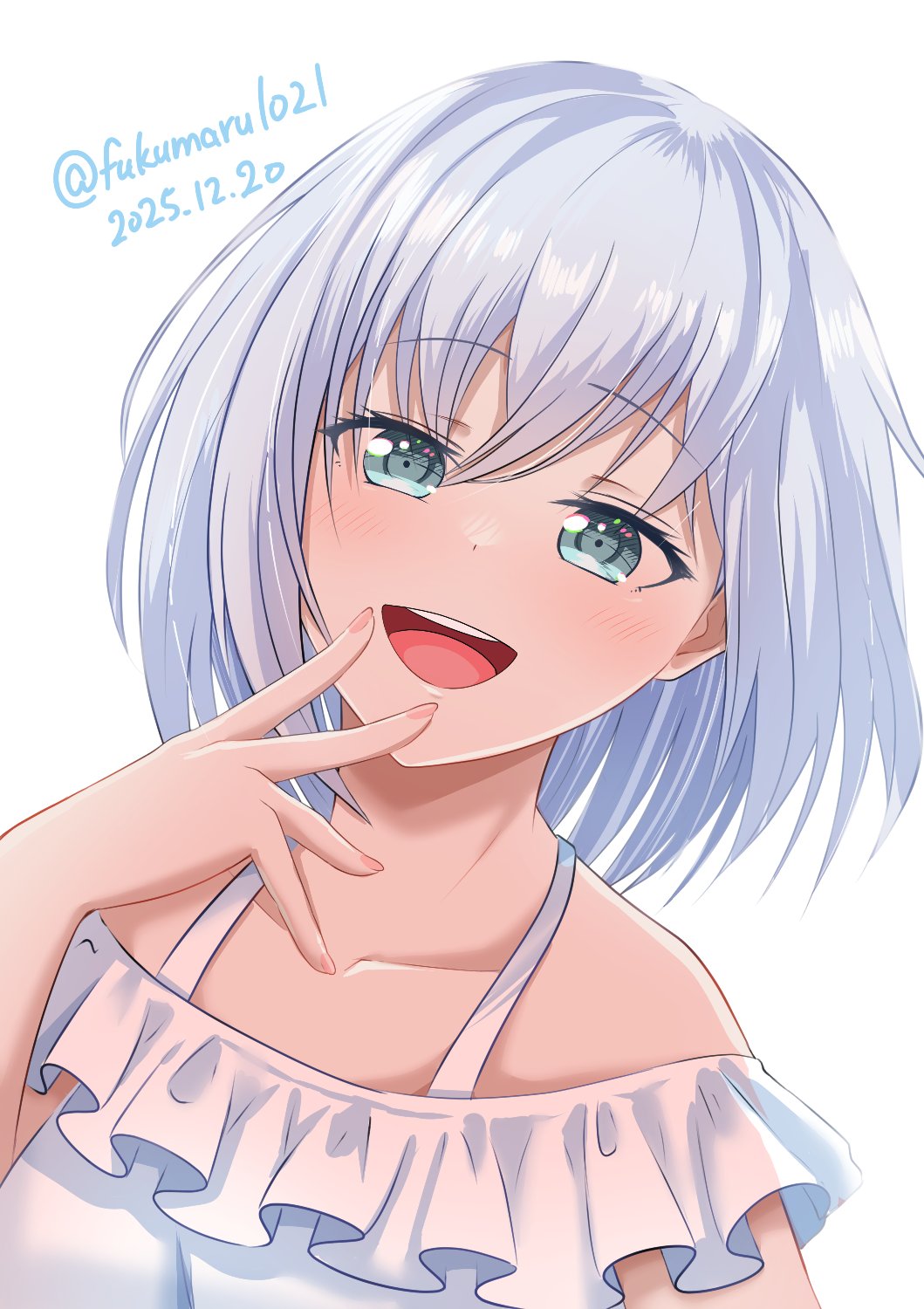 fukumaru1021, kurata mashiro, bang dream!, commentary request, highres, 1girl, blue eyes, collarbone, long sleeves, open mouth, shirt, short hair, simple background, solo, teeth, twitter username, upper body, upper teeth only, white background, white hair, white shirt