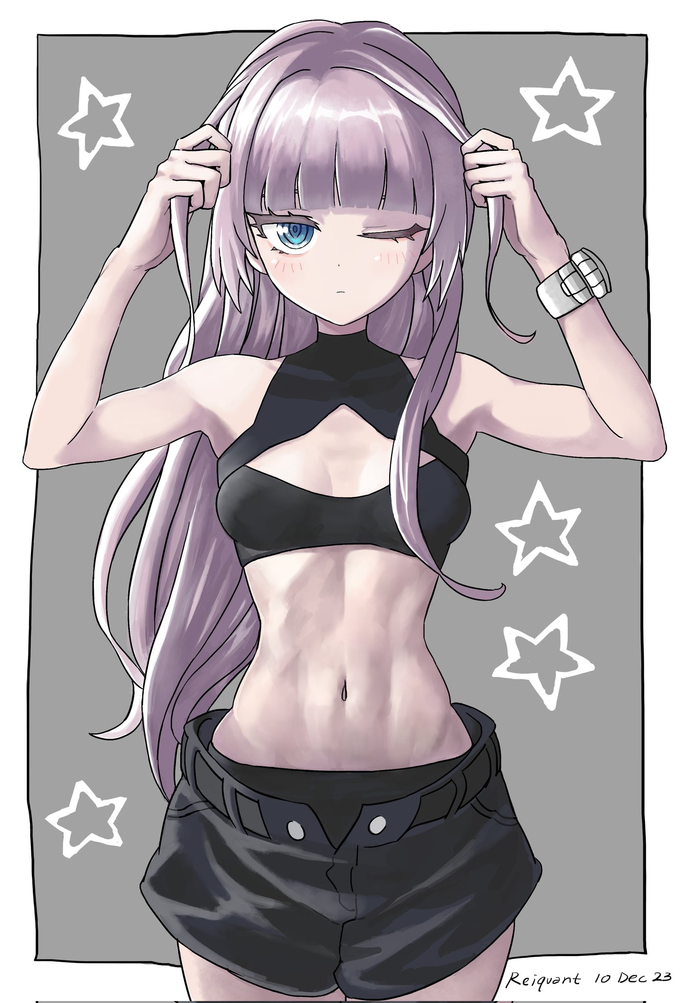 reiquant, nanakusa nazuna (yofukashi no uta), yofukashi no uta, commentary request, highres, 1girl, artist name, bare shoulders, black shorts, blue eyes, blunt bangs, border, breasts, brown background, cleavage cutout, clothing cutout, cowboy shot, crop top, dated, hair down, holding, holding own hair, long hair, looking at viewer, midriff, navel, one eye closed, outside border, pink hair, ringed eyes, short shorts, shorts, sleeveless, small breasts, solo, standing, star (symbol), star symbol background, stomach, white border