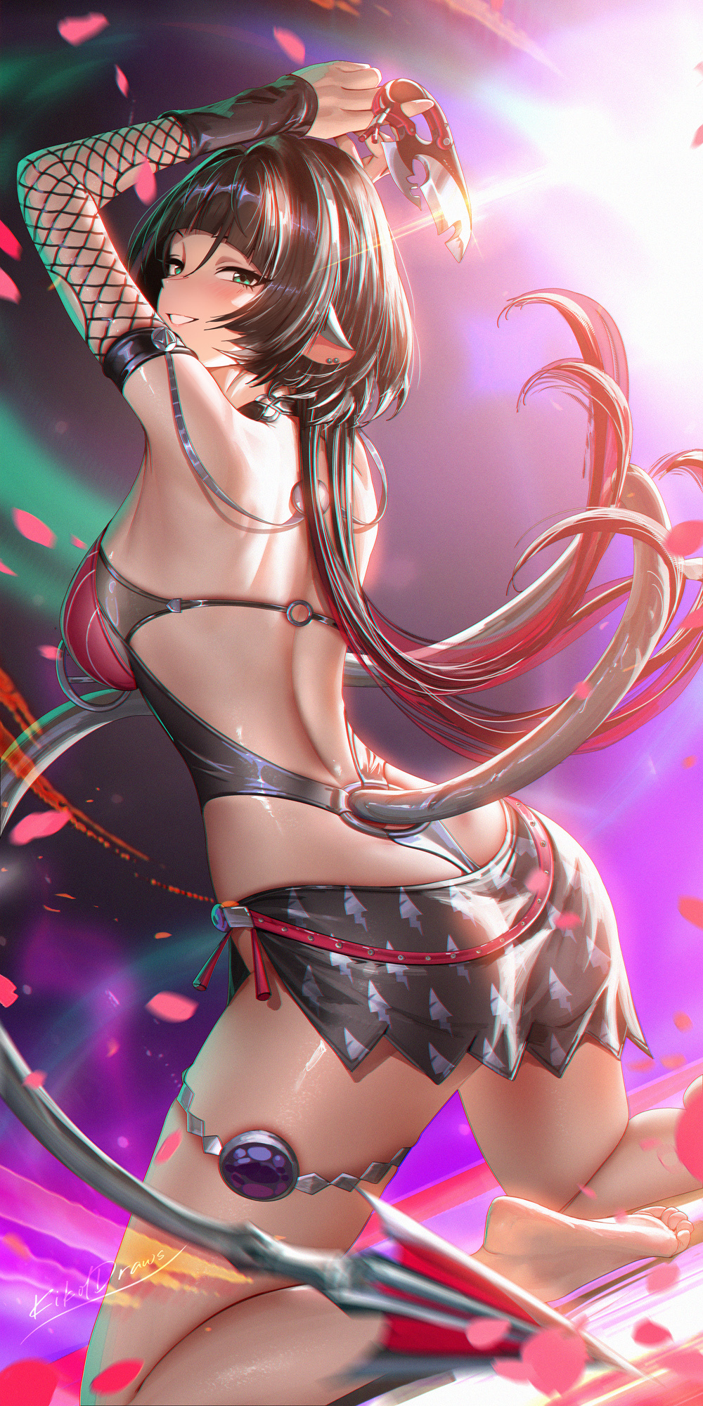 liang xing, jane doe (nocturne of light) (zenless zone zero), jane doe (zenless zone zero), zenless zone zero, commentary, english commentary, highres, 1girl, animal ears, black hair, blunt bangs, breasts, fishnet sleeves, fishnets, from behind, kneeling, leather leotard, long hair, looking at viewer, looking back, mouse ears, mouse girl, official alternate costume, signature, smile, solo