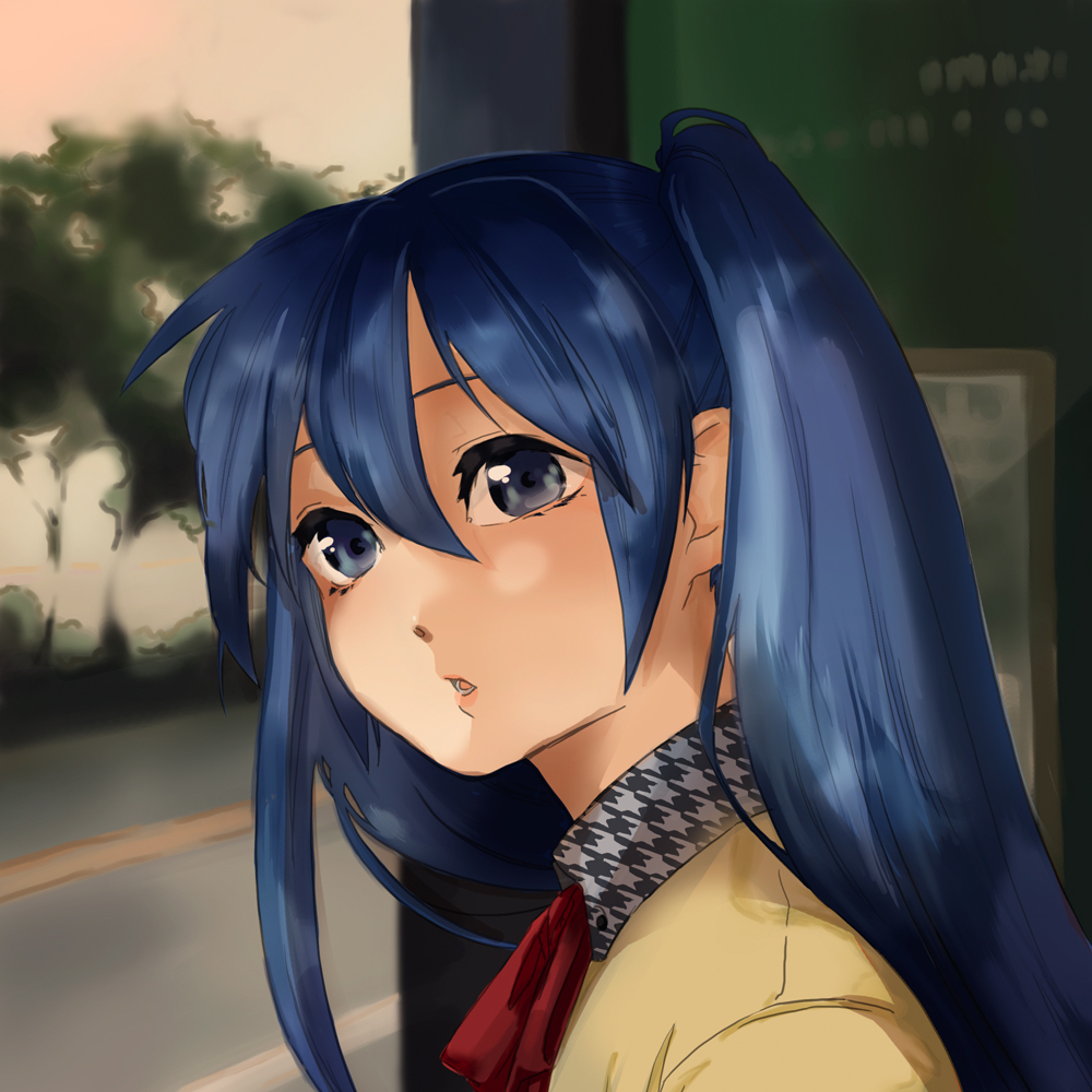 yamada ranga, yamadara, hatsune miku, vocaloid, bad id, bad piapro id, 1girl, blue eyes, blue hair, female focus, long hair, matching hair/eyes, nature, outdoors, school uniform, solo, twintails