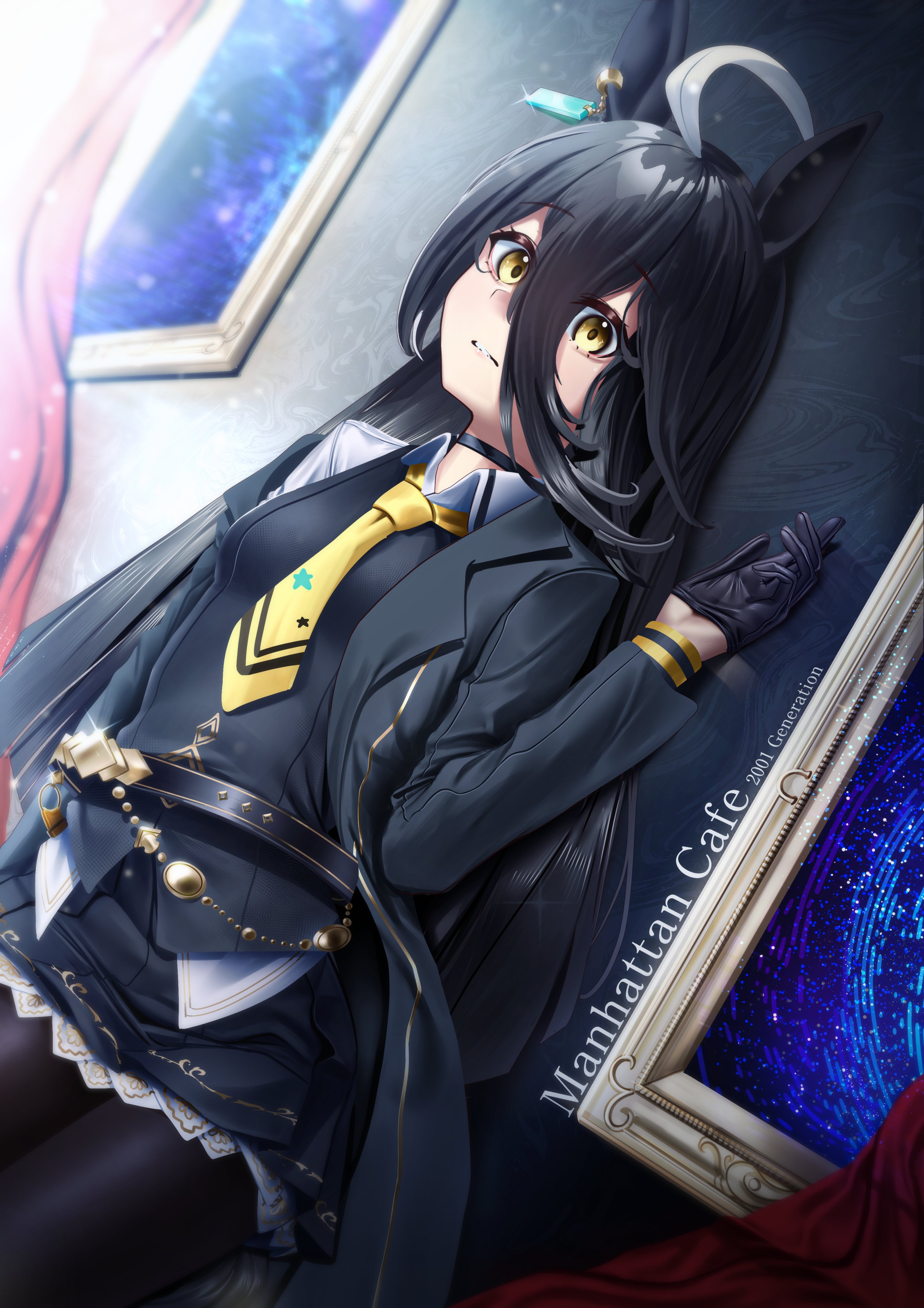 manjo (warito), manhattan cafe (creeping shadow) (umamusume), manhattan cafe (umamusume), umamusume, absurdres, commentary, english commentary, highres, 1girl, animal ears, belt, black belt, black choker, black coat, black gloves, black hair, black pantyhose, black skirt, black vest, character name, choker, closed mouth, coat, cowboy shot, dutch angle, earrings, gloves, hair between eyes, horse ears, horse girl, jewelry, long bangs, long hair, long sleeves, looking at viewer, necktie, pantyhose, picture frame, shirt, single earring, skirt, solo, vest, white shirt, yellow eyes, yellow necktie