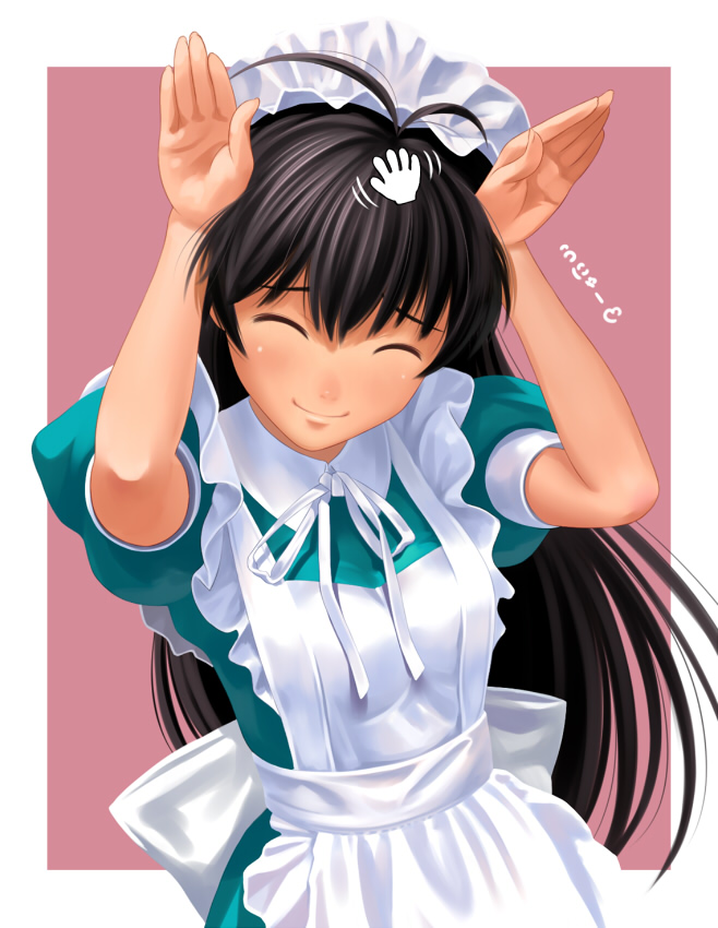 nekopuchi, ganaha hibiki, idolmaster, idolmaster (classic), 00s, 1girl, antenna hair, apron, black hair, caramelldansen, closed eyes, cursor, female focus, happy, long hair, maid, maid apron, smile, solo